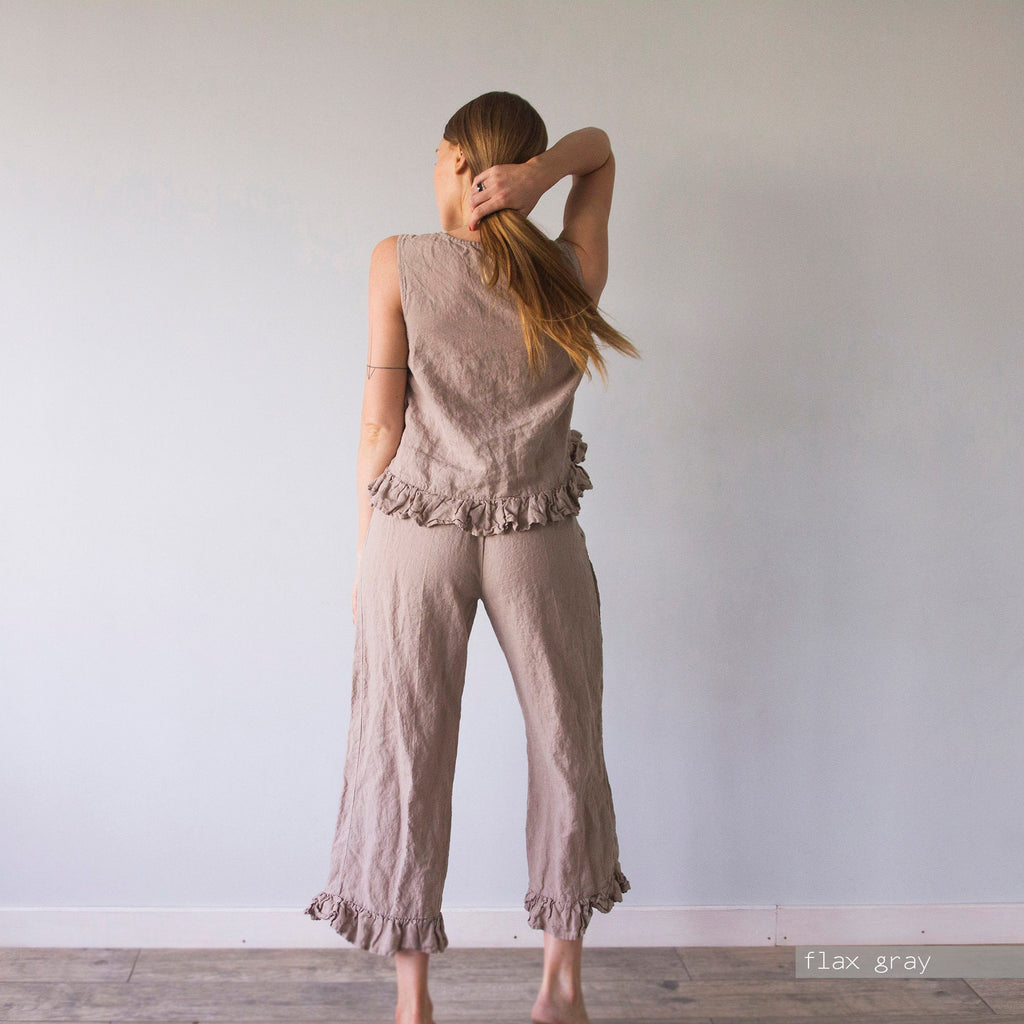 Plus Size Linen Culottes: Ruffle Waist Wide Leg Pants