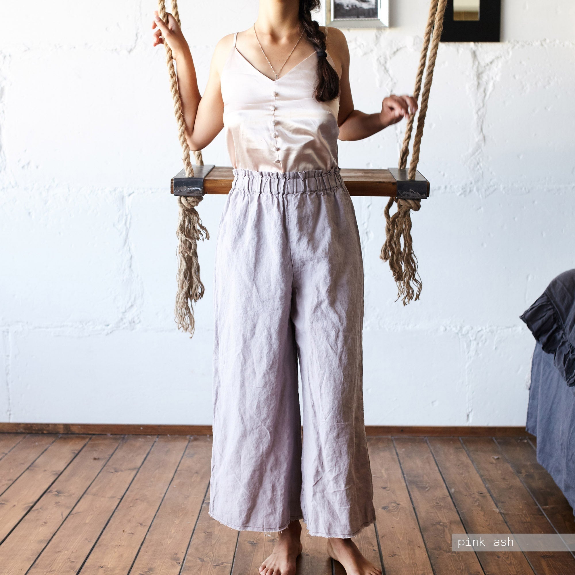Handmade Linen Gaucho Pants: Relaxed Fit Culottes with Raw Edges