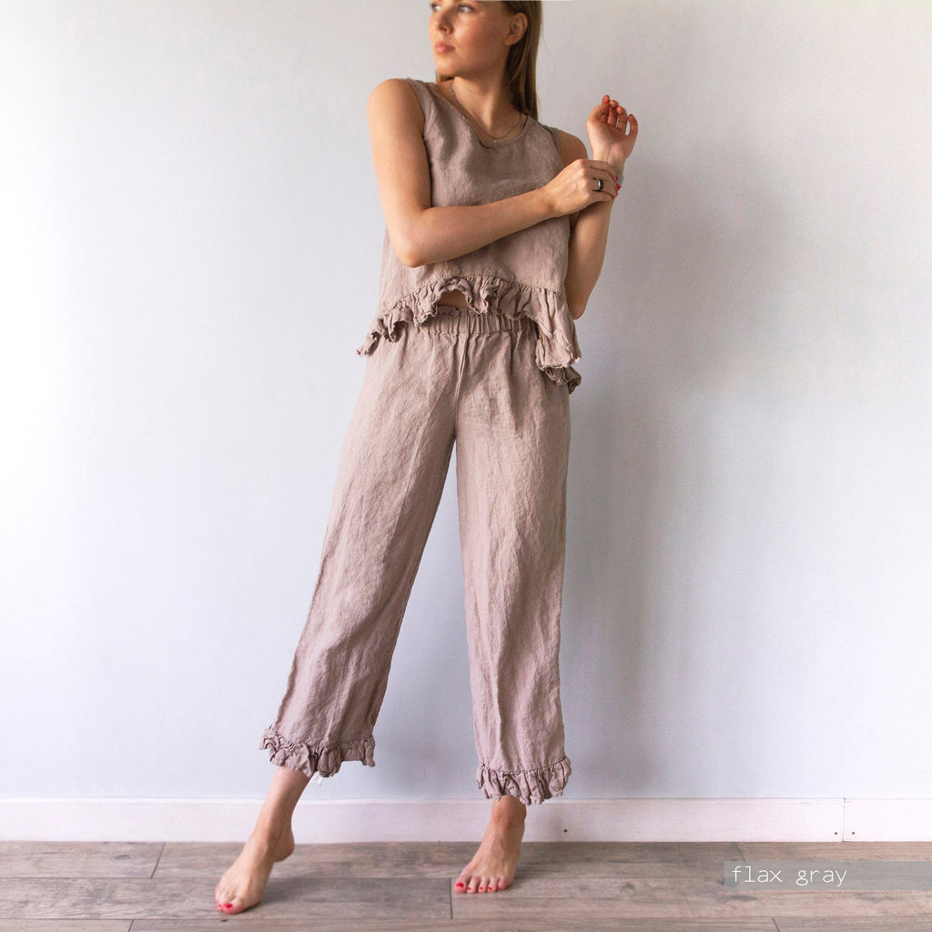 Handmade Linen Culottes: Ruffle Waist Wide Leg Trousers