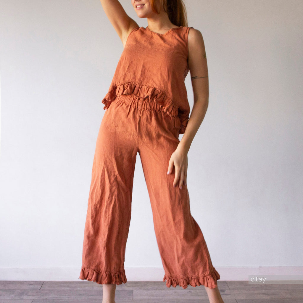 Linen Culottes: Ruffle Waist, Wide Leg Summer Pants