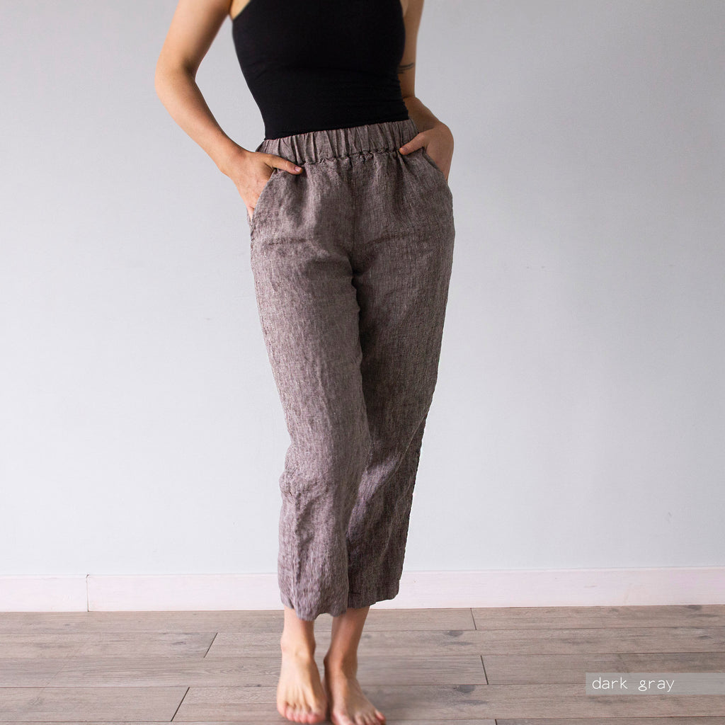High Waisted Linen Trousers: Straight Leg Cropped Pants
