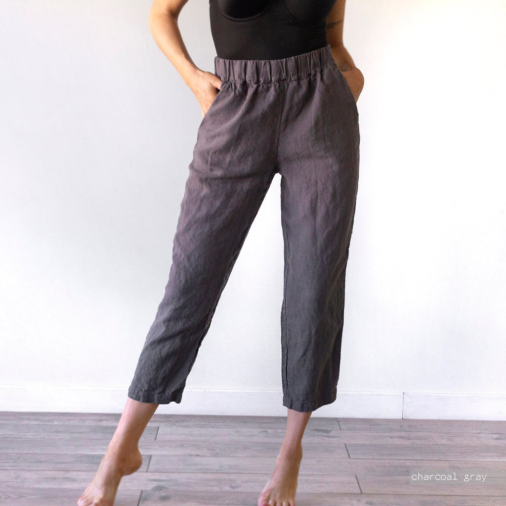 High Waisted Linen Trousers: Straight Leg Cropped Pants