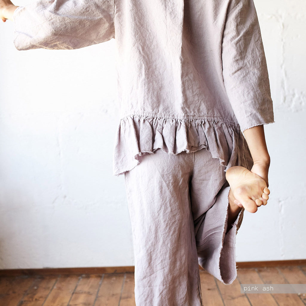 Raw Edge Linen Pajama Set: Ruffle Hem Top & Culottes