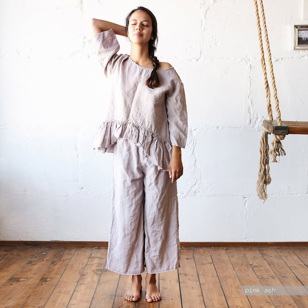 Raw Edge Linen Pajama Set: Ruffle Hem Top & Culottes