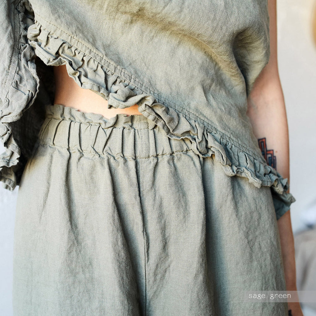 Ruffle Linen Pajama Set: Organic Sleepwear, Linen Top and Culottes