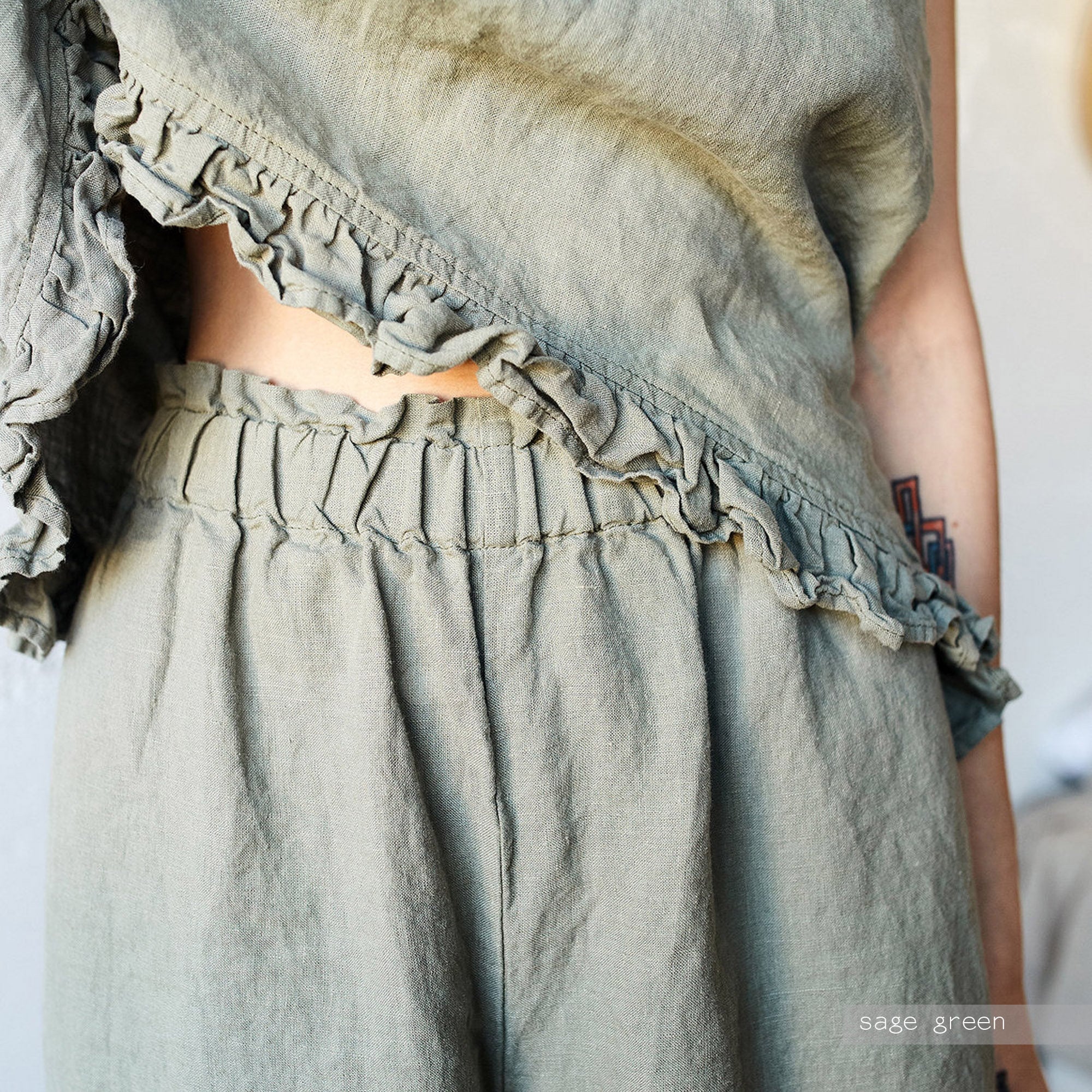 Ruffle Linen Pajama Set: Organic Sleepwear, Linen Top and Culottes