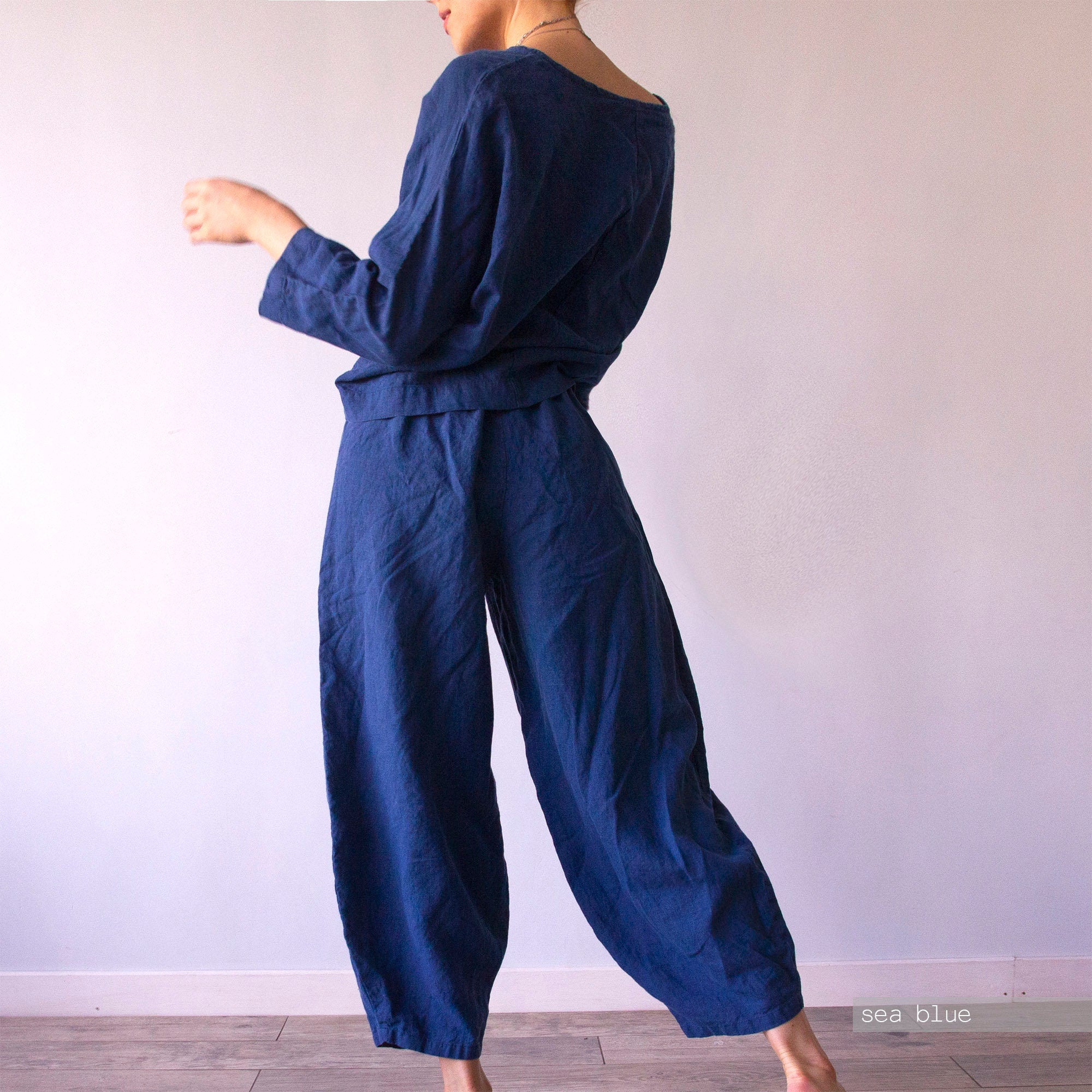 Oversized Linen Pajama Set: Wide Leg Pants & Long Sleeve Top