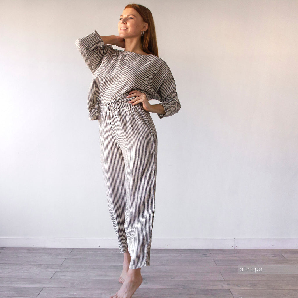 Oversized Linen Pajama Set: Wide Leg Pants & Long Sleeve Top