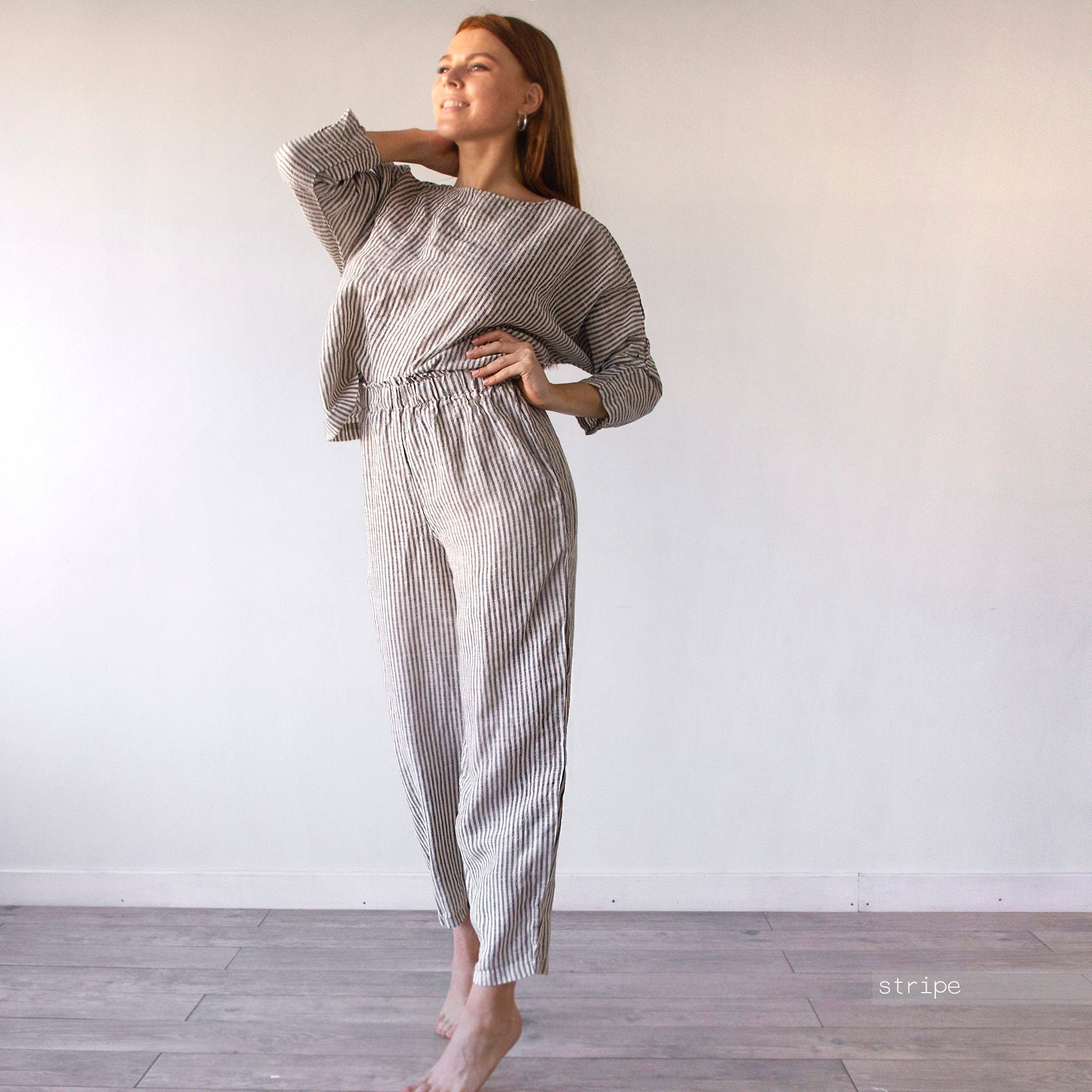 Oversized Linen Pajama Set: Wide Leg Pants & Long Sleeve Top