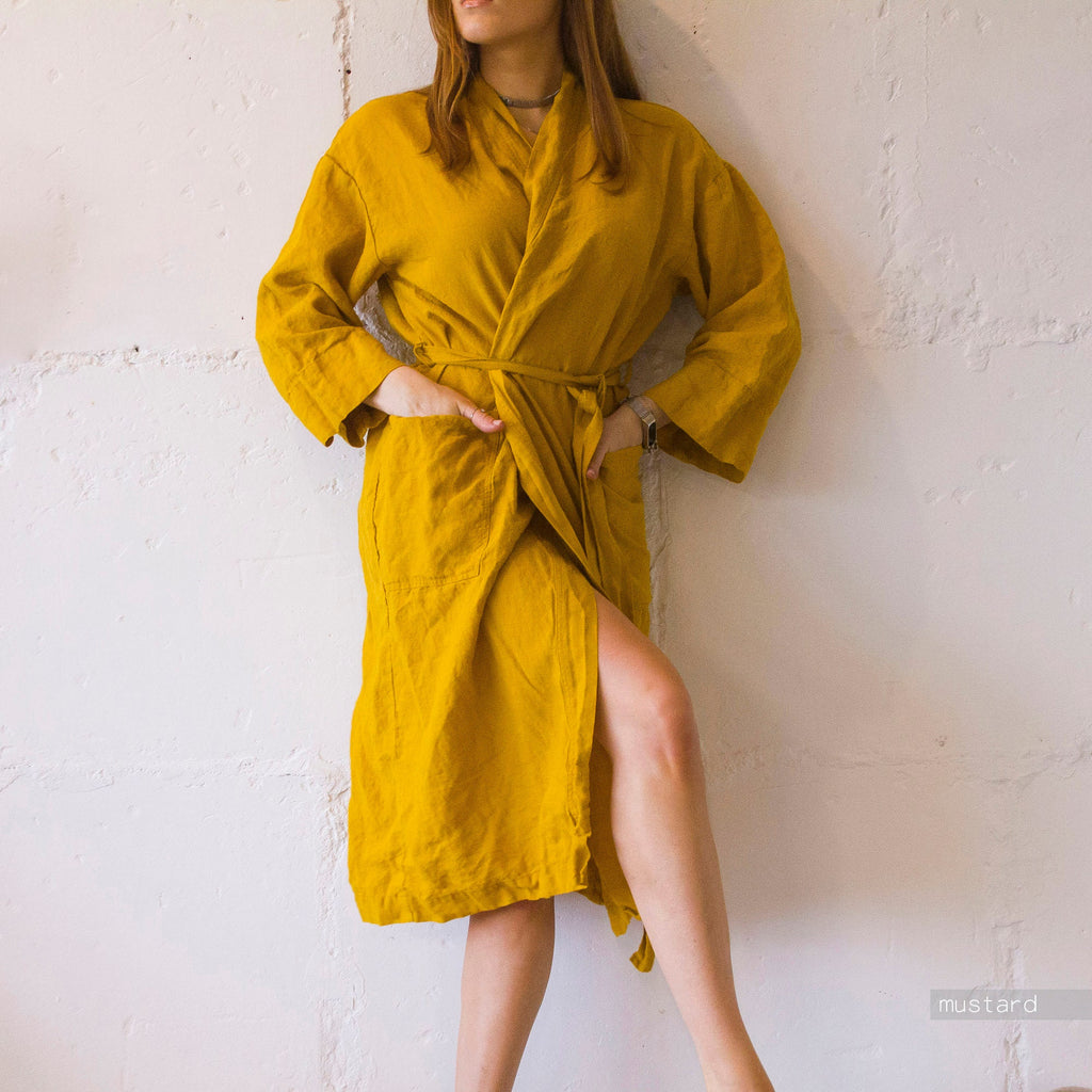 Linen Kimono Robe: Mid-Calf Wrap Dress, Organic Fabric