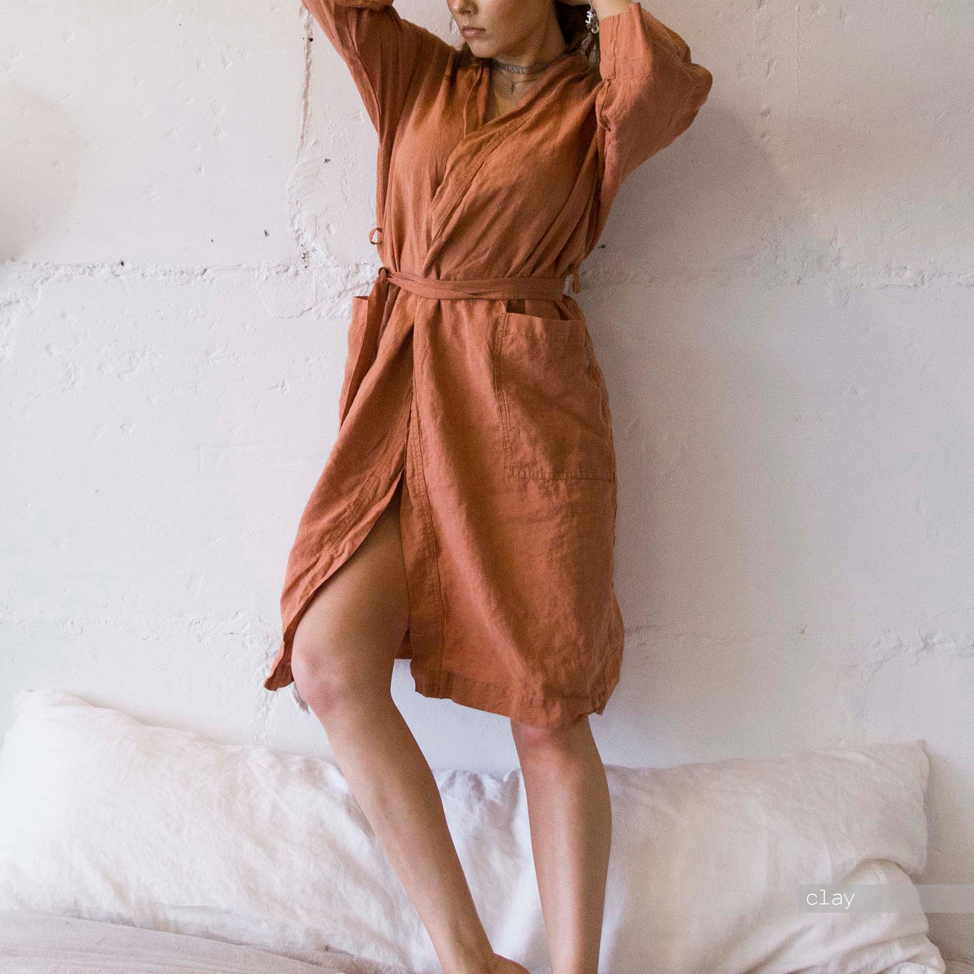 Linen Kimono Robe: Mid-Calf Wrap Dress, Organic Fabric