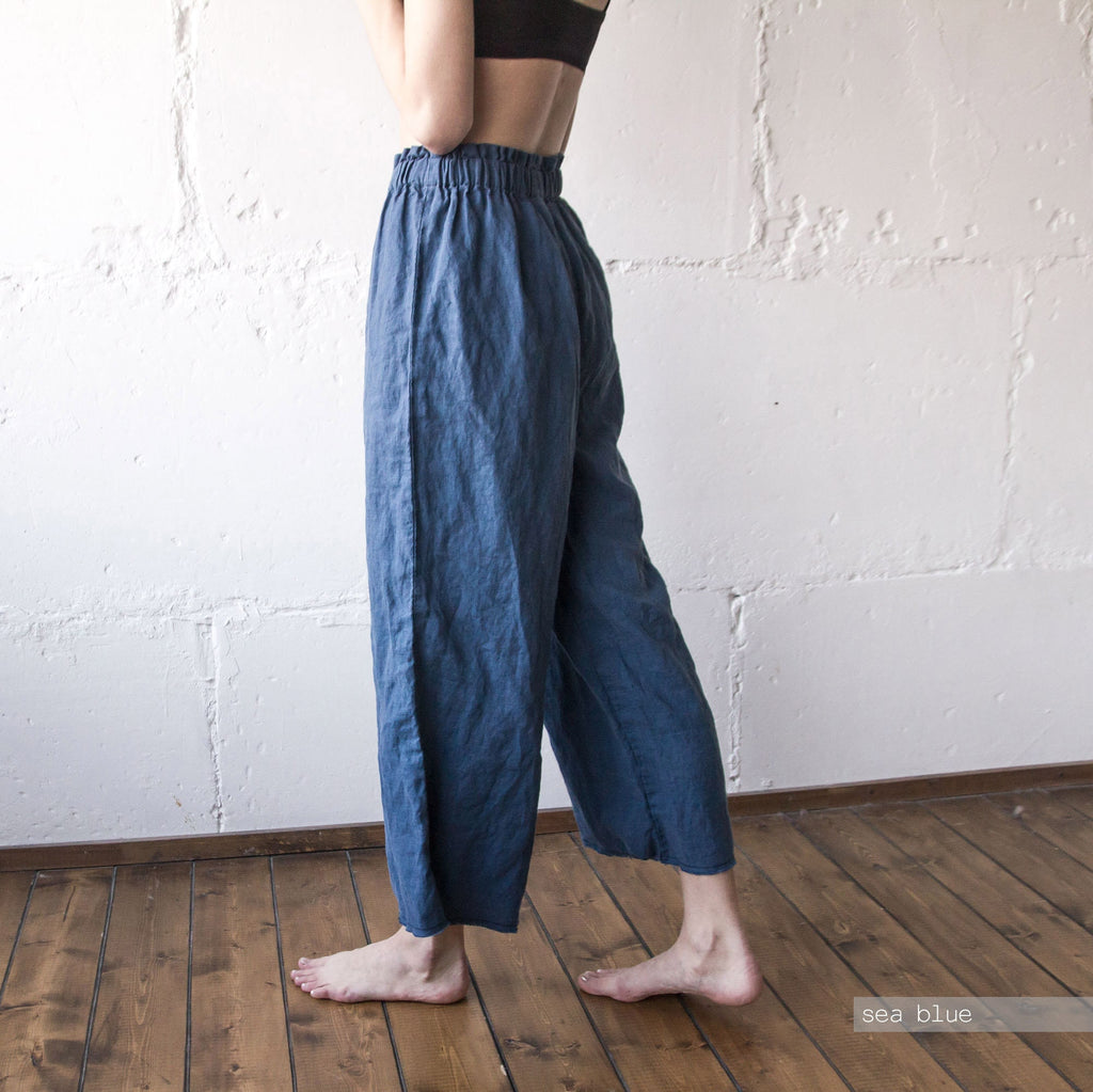 Handmade Linen Gaucho Pants: Relaxed Fit Culottes with Raw Edges