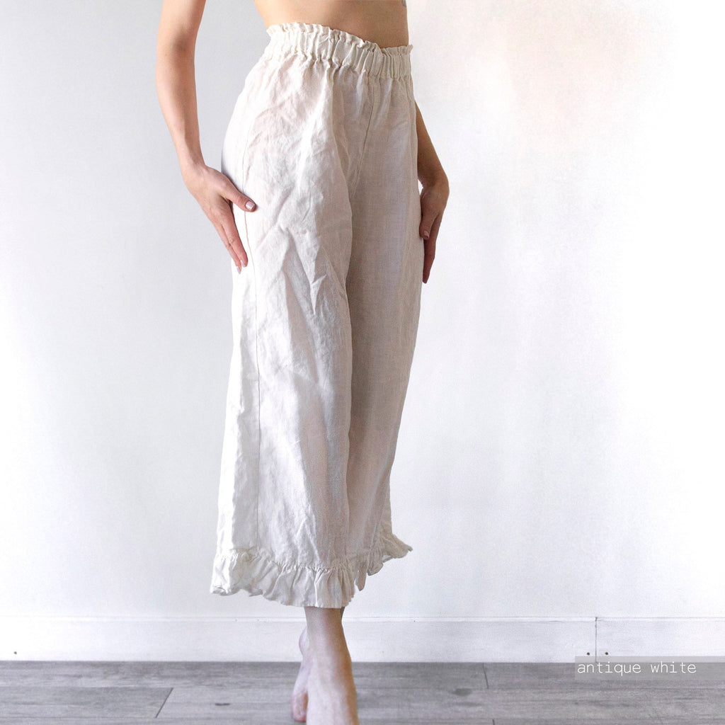 Plus Size Linen Culottes: Ruffle Waist Wide Leg Pants