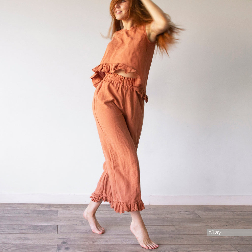 Plus Size Linen Culottes: Ruffle Waist Wide Leg Pants