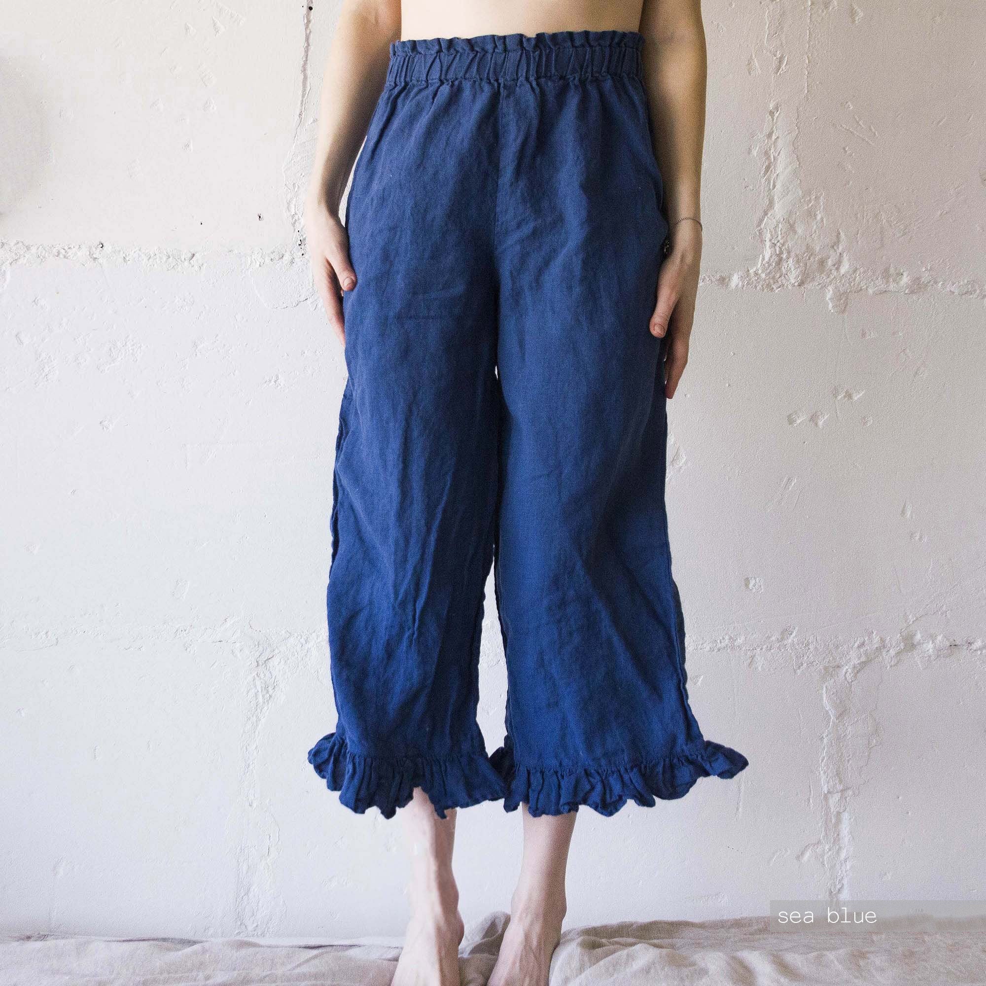 Plus Size Linen Culottes: Ruffle Waist Wide Leg Pants