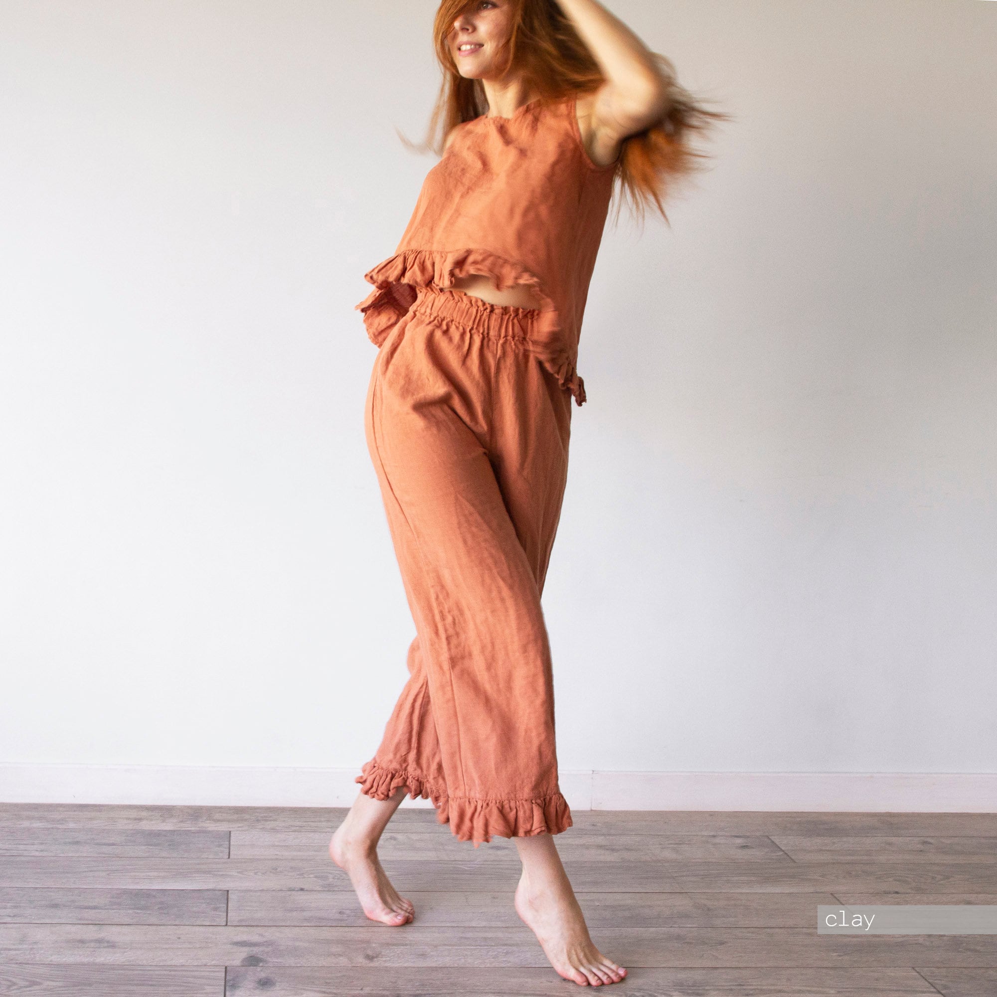 Linen Ruffle Culottes: Oversized Organic Linen Pants