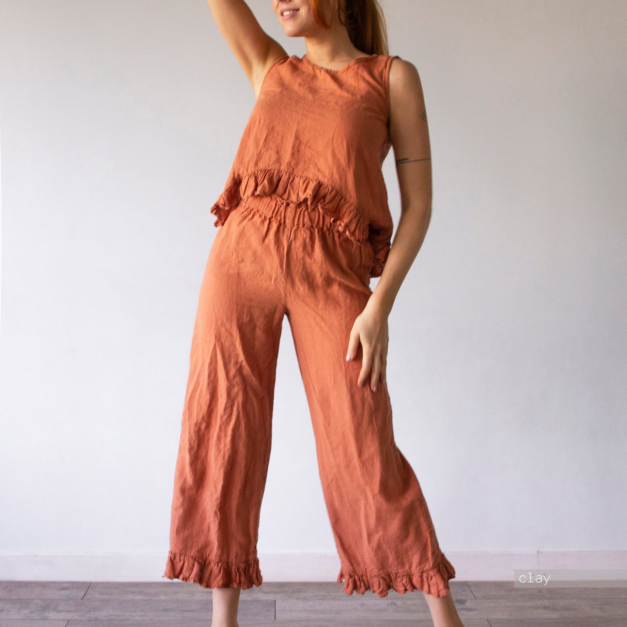 Handmade Linen Culottes: Ruffle Waist Wide Leg Trousers