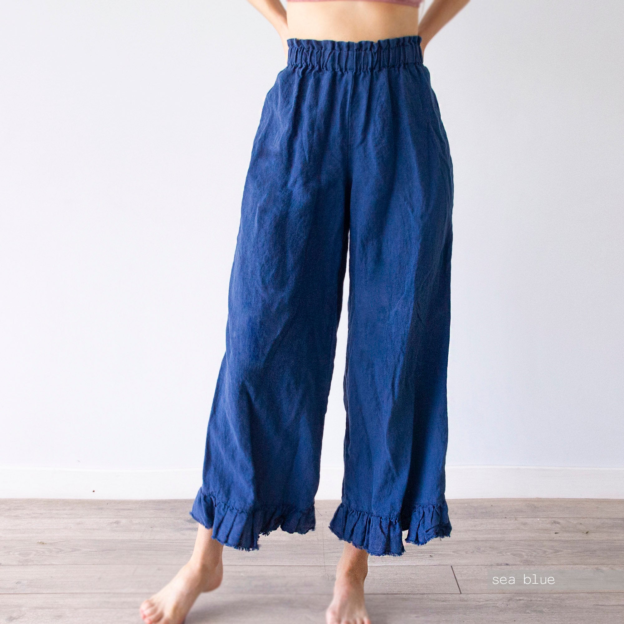 Handmade Linen Culottes: Ruffle Waist Wide Leg Trousers