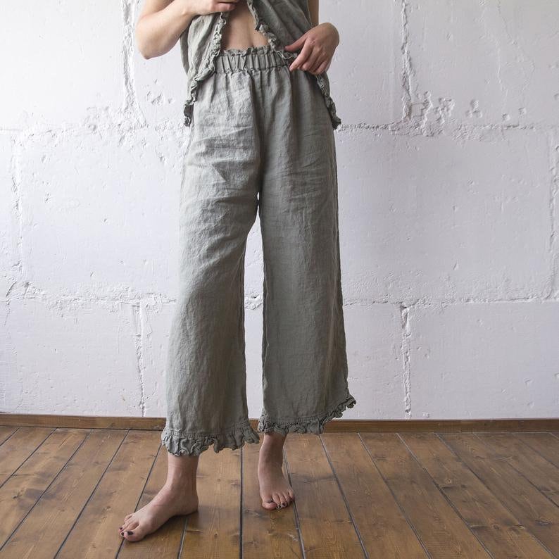 Linen Ruffle Culottes: Oversized Organic Linen Pants