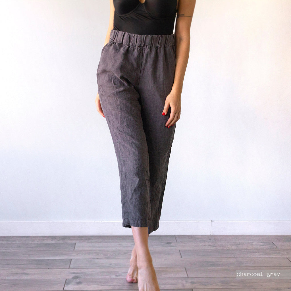 High Waisted Linen Trousers: Straight Leg Cropped Pants