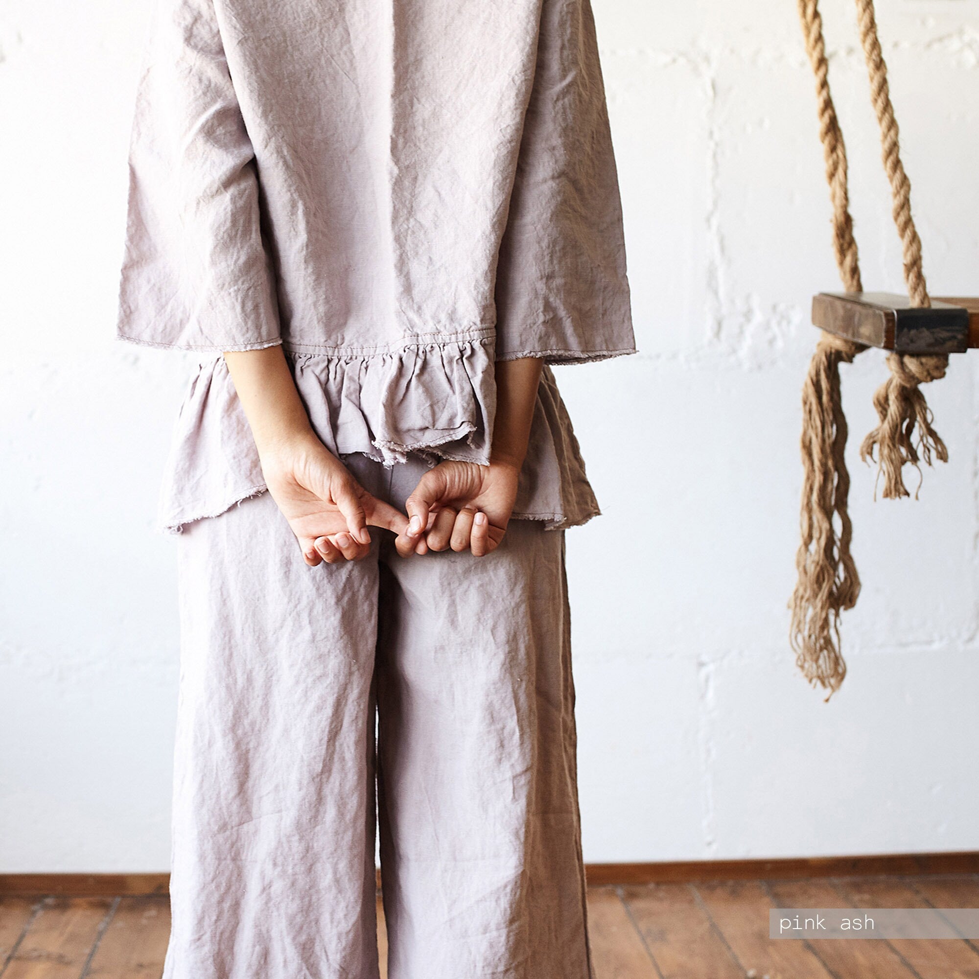 Raw Edge Linen Pajama Set: Ruffle Hem Top & Culottes