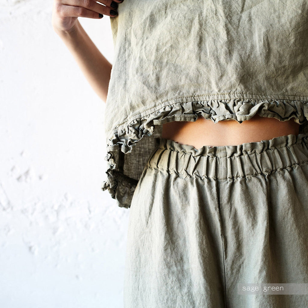 Ruffle Linen Pajama Set: Organic Sleepwear, Linen Top and Culottes