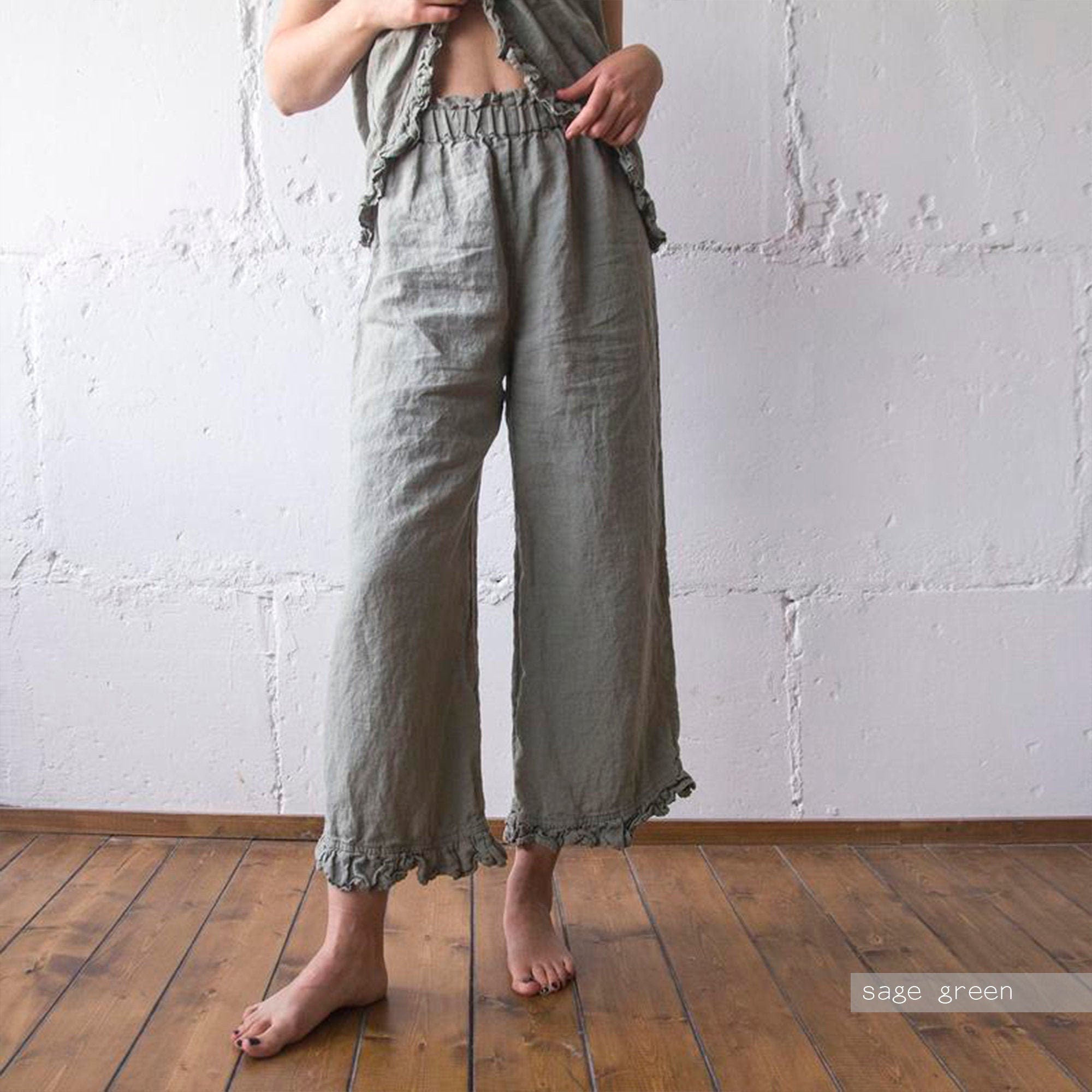 Ruffle Linen Pajama Set: Organic Sleepwear, Linen Top and Culottes