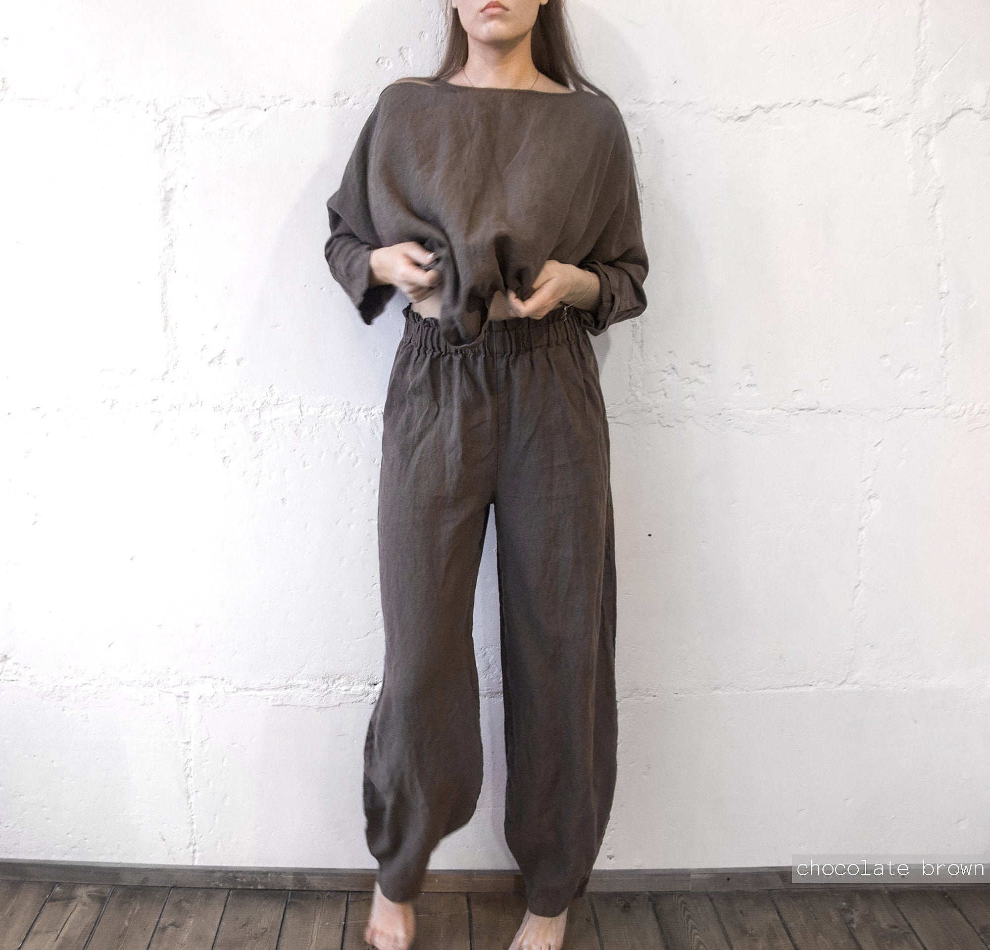Oversized Linen Pajama Set: Wide Leg Pants & Long Sleeve Top