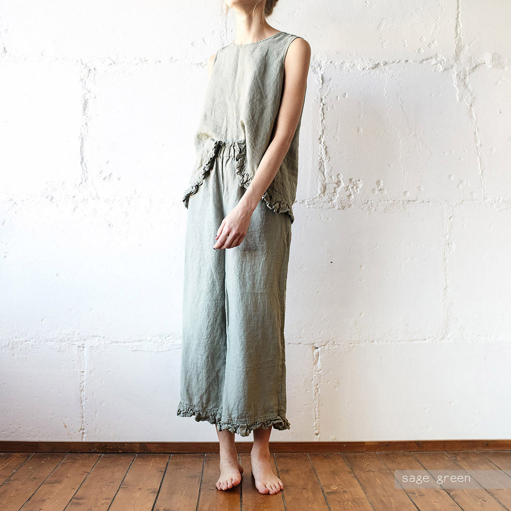 Ruffle Linen Pajama Set: Organic Sleepwear, Linen Top and Culottes