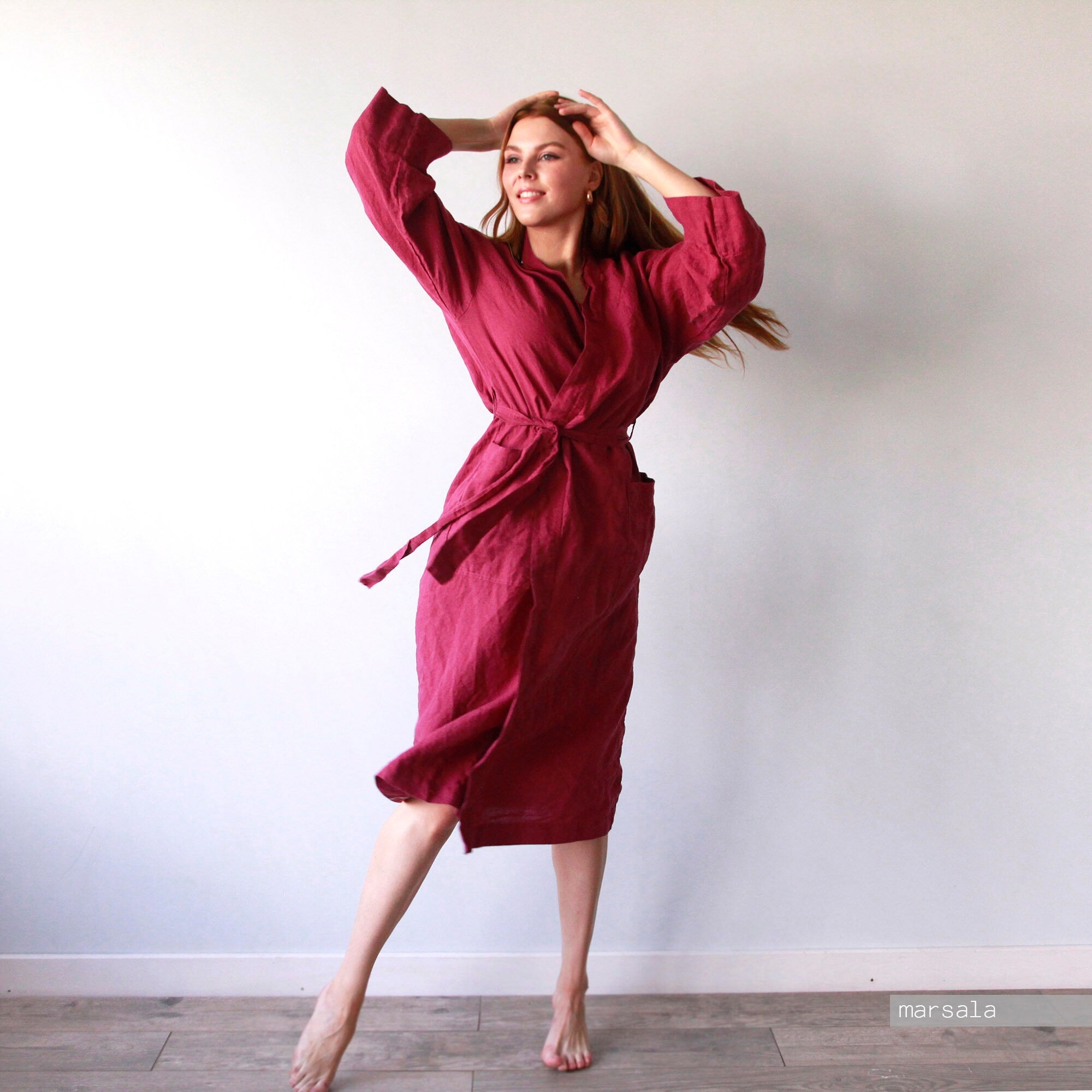 Linen Kimono Robe: Mid-Calf Wrap Dress, Organic Fabric