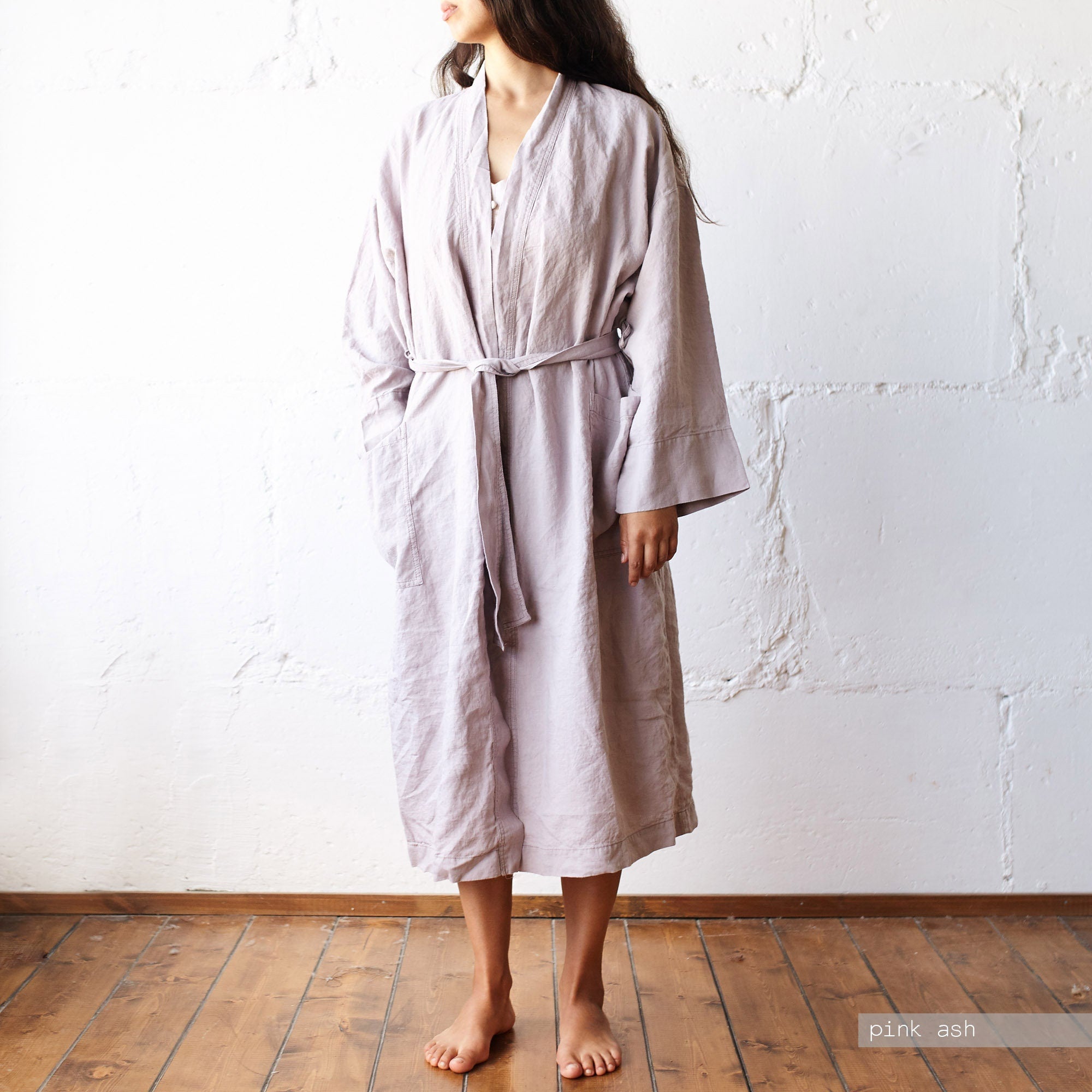 Linen Kimono Robe: Mid-Calf Wrap Dress, Organic Fabric