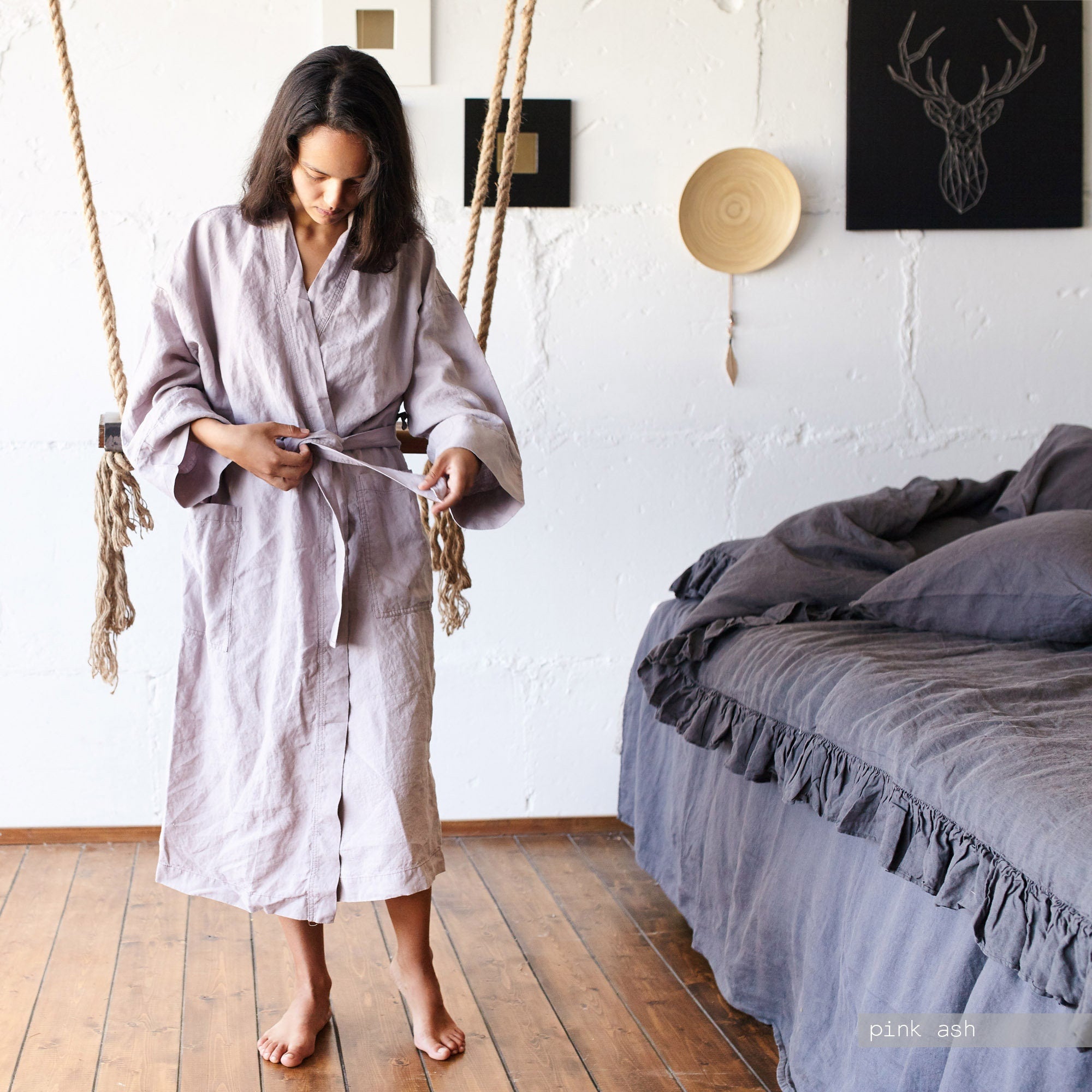 Linen Kimono Robe: Mid-Calf Wrap Dress, Organic Fabric