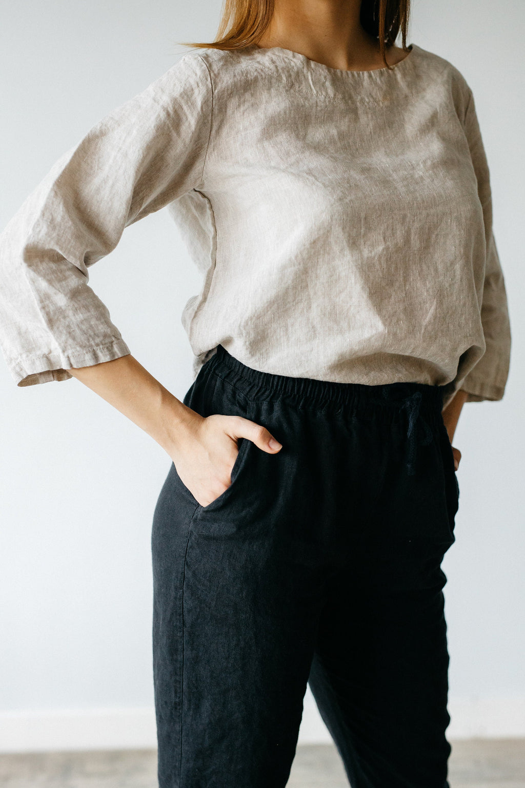 Natural Linen Top: Women's 3/4 Sleeve Blouse
