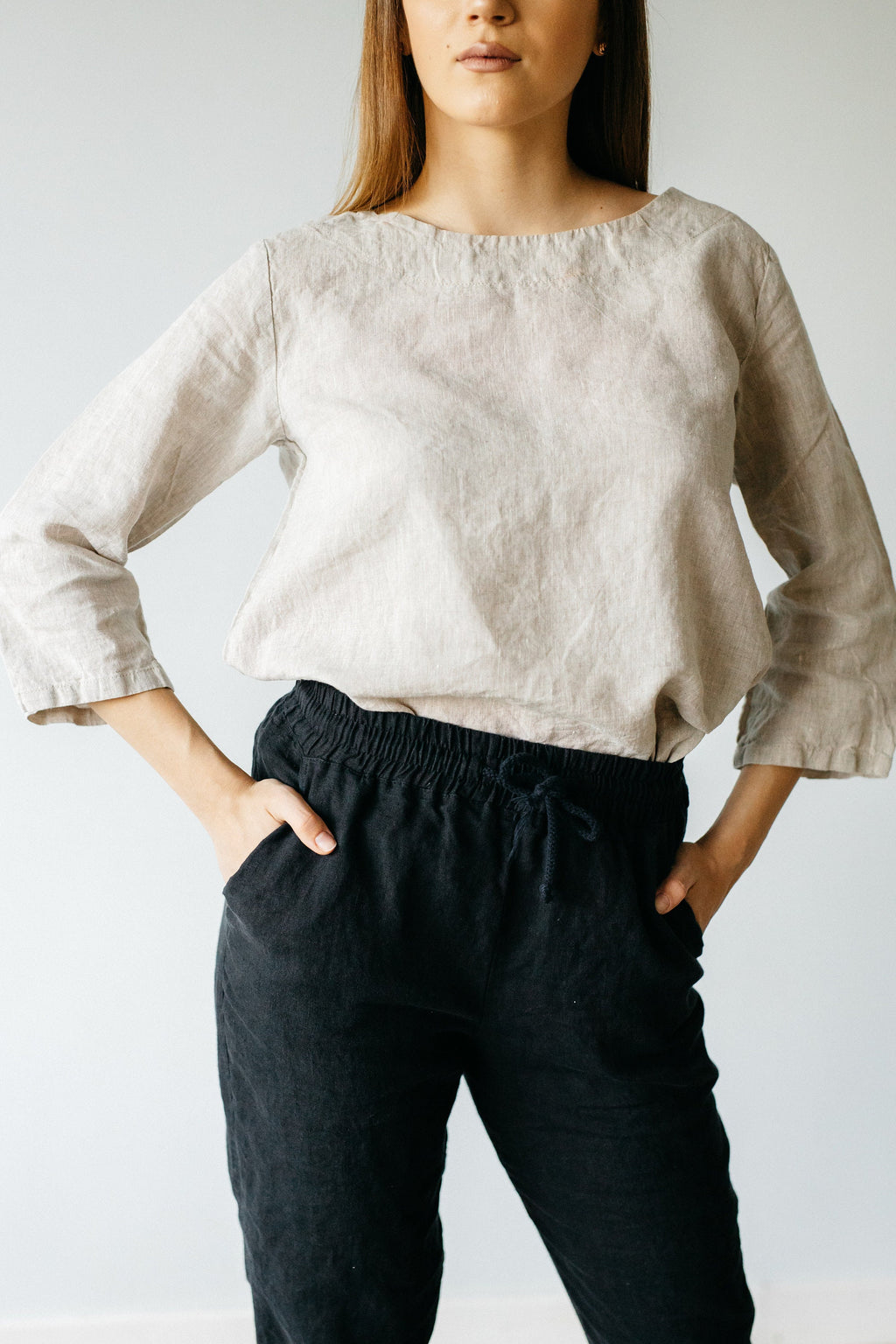 Natural Linen Top: Women's 3/4 Sleeve Blouse