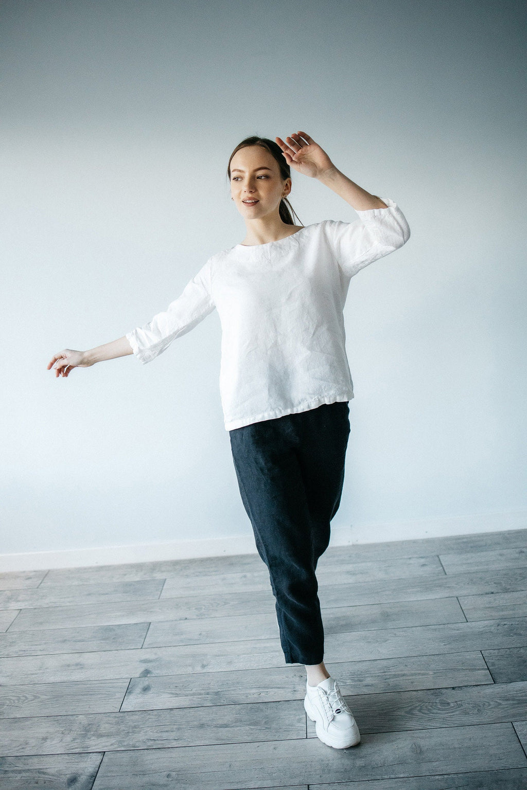 White Linen Tee Shirt Women: 3/4 Sleeve Summer Top