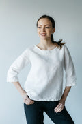 White Linen Tee Shirt Women: 3/4 Sleeve Summer Top