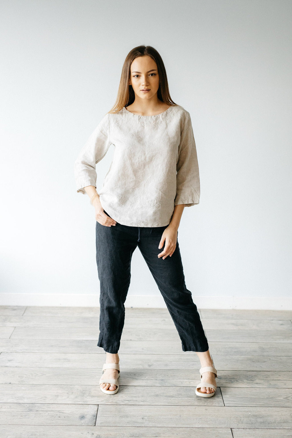 Natural Linen Top: Women's 3/4 Sleeve Blouse