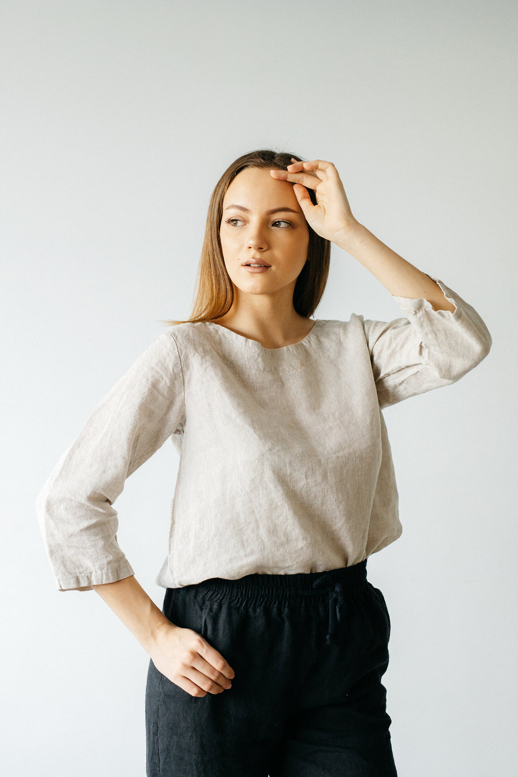 Natural Linen Top: Women's 3/4 Sleeve Blouse