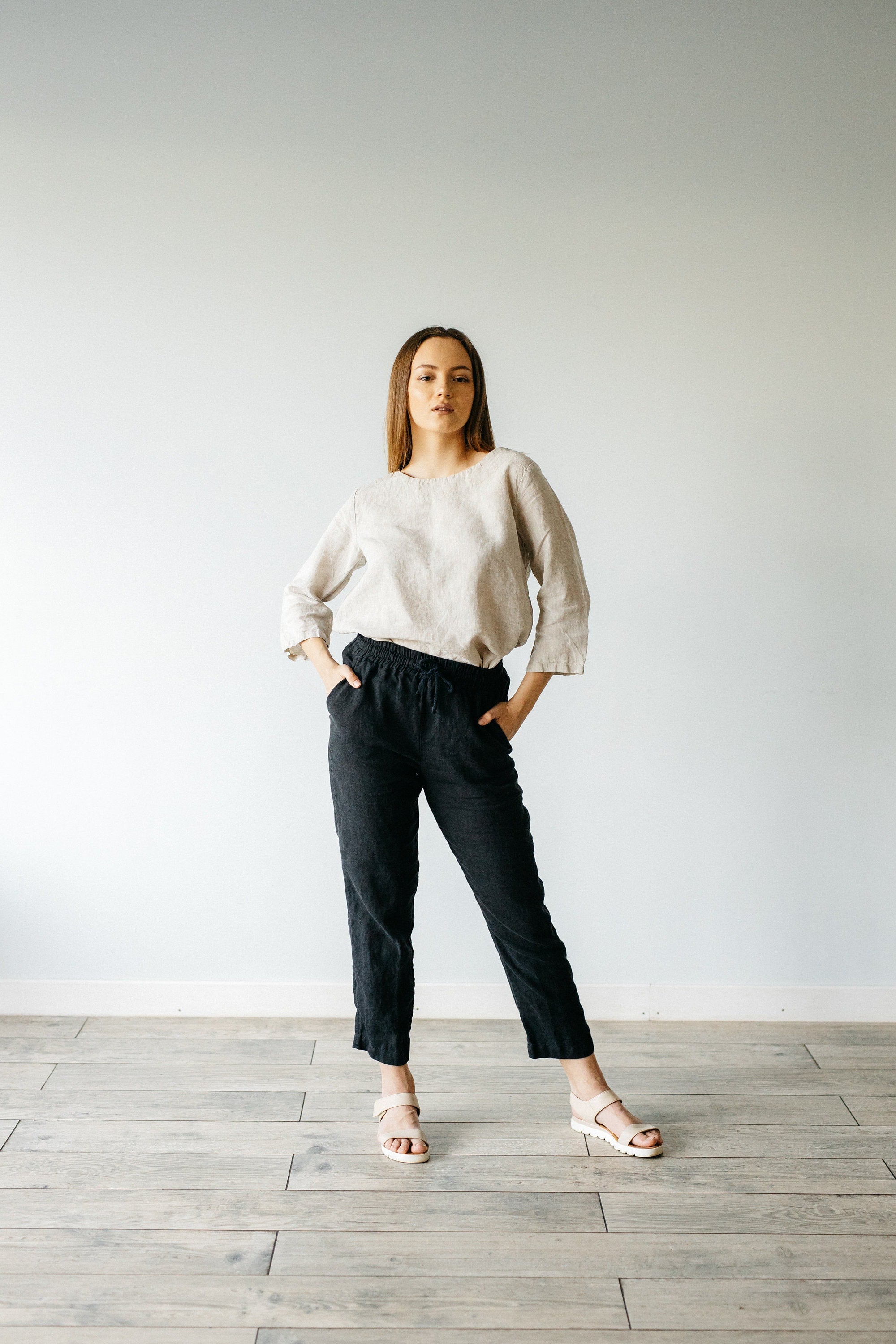 Natural Linen Top: Women's 3/4 Sleeve Blouse