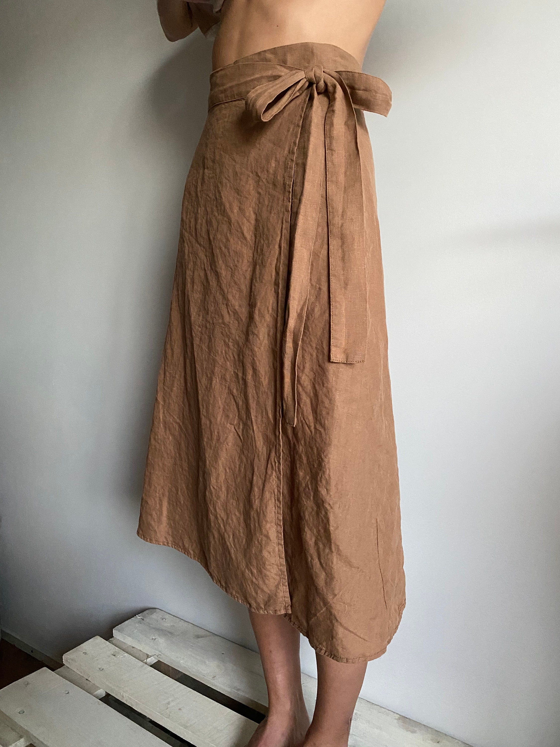 Handmade Linen Wrap Skirt: High Waisted Mid-Calf Skirt