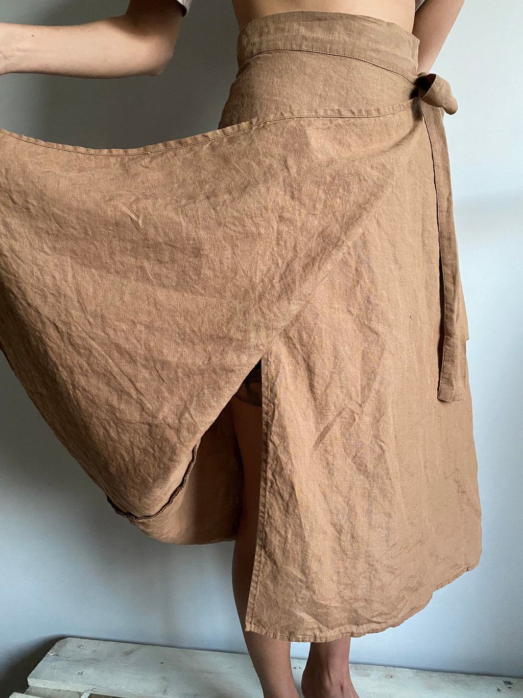 Handmade Linen Wrap Skirt: High Waisted Mid-Calf Skirt