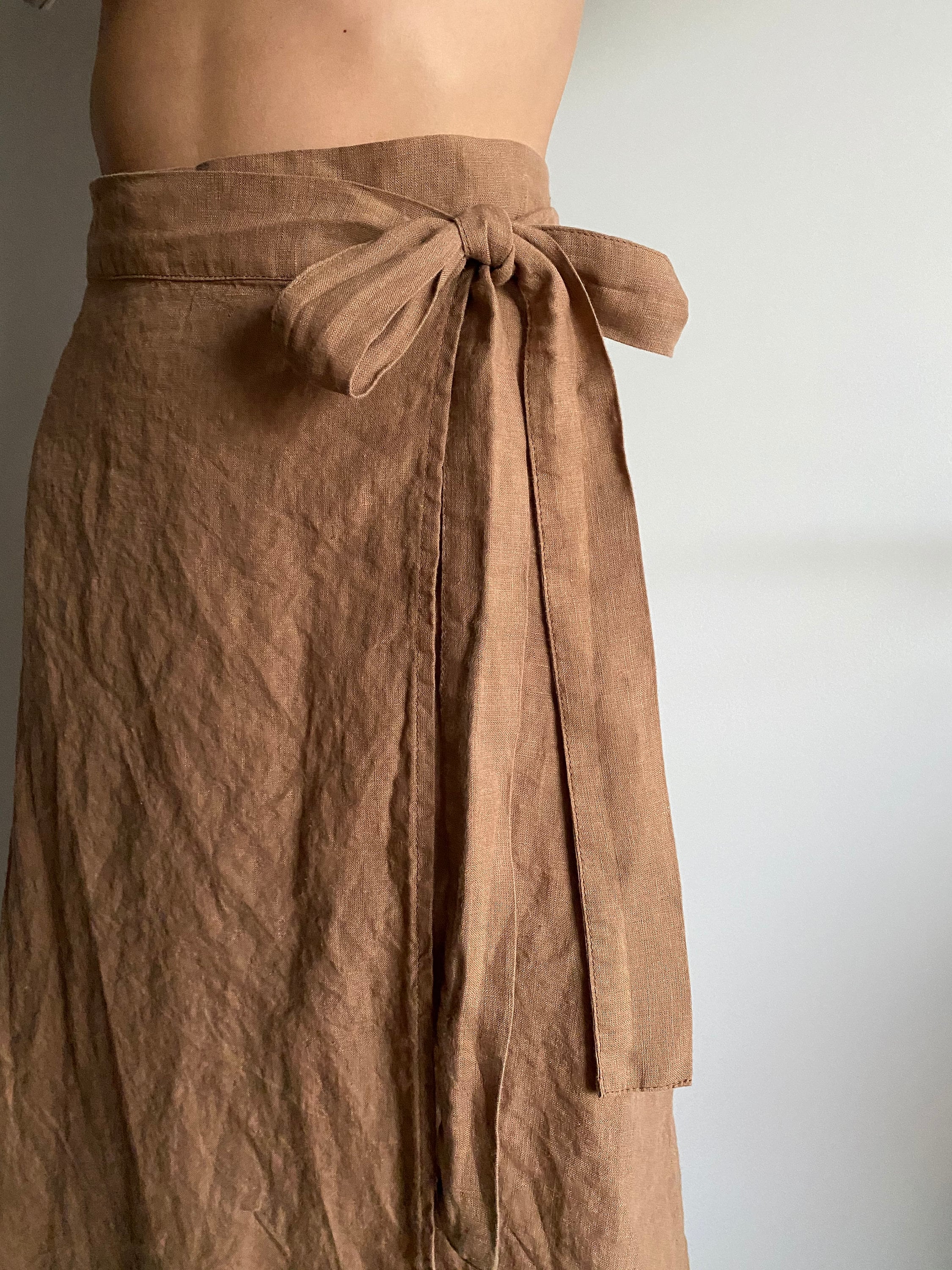 Handmade Linen Wrap Skirt: High Waisted Mid-Calf Skirt
