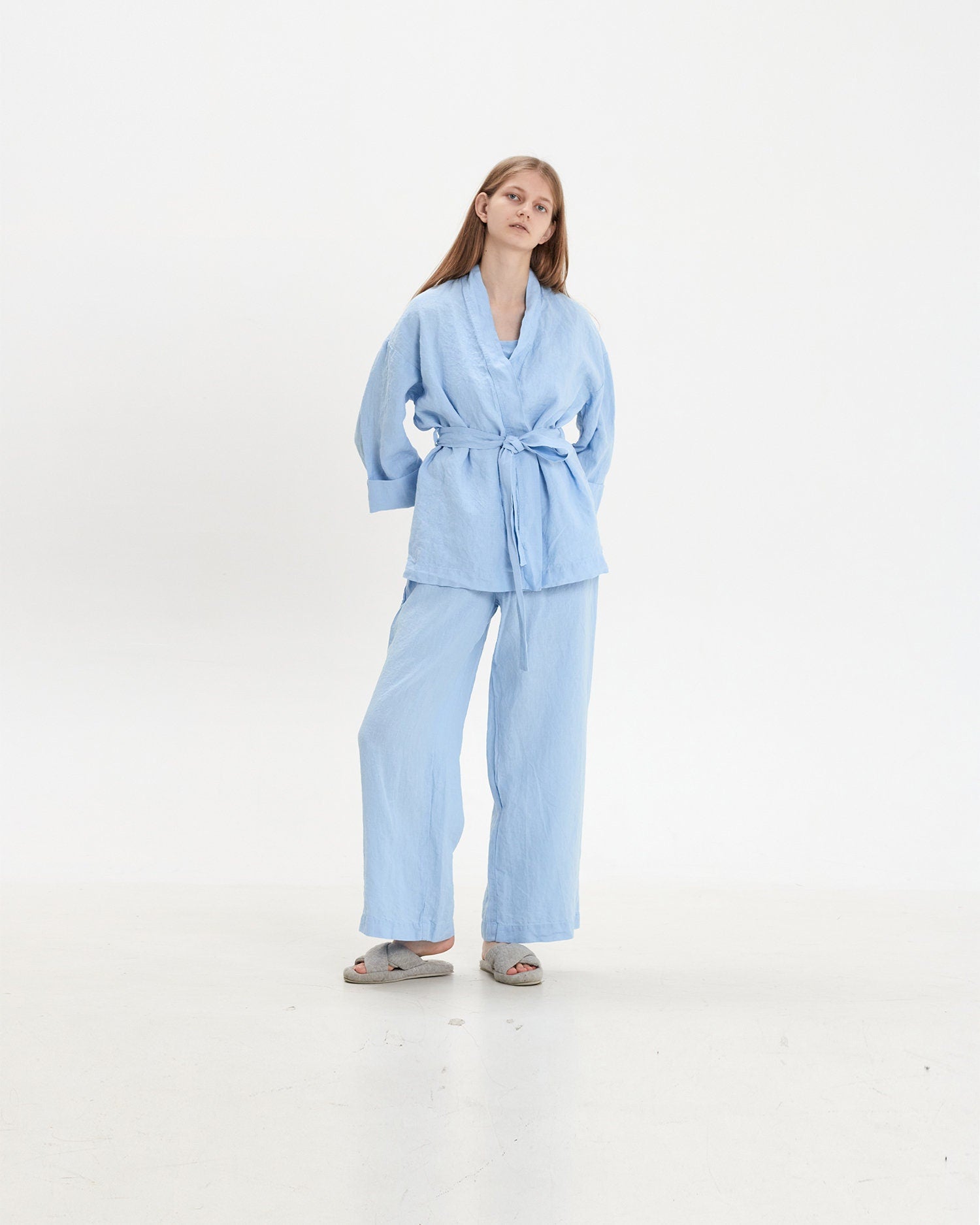 Linen Pajama Set Women: Organic Robe, Top & Bottoms
