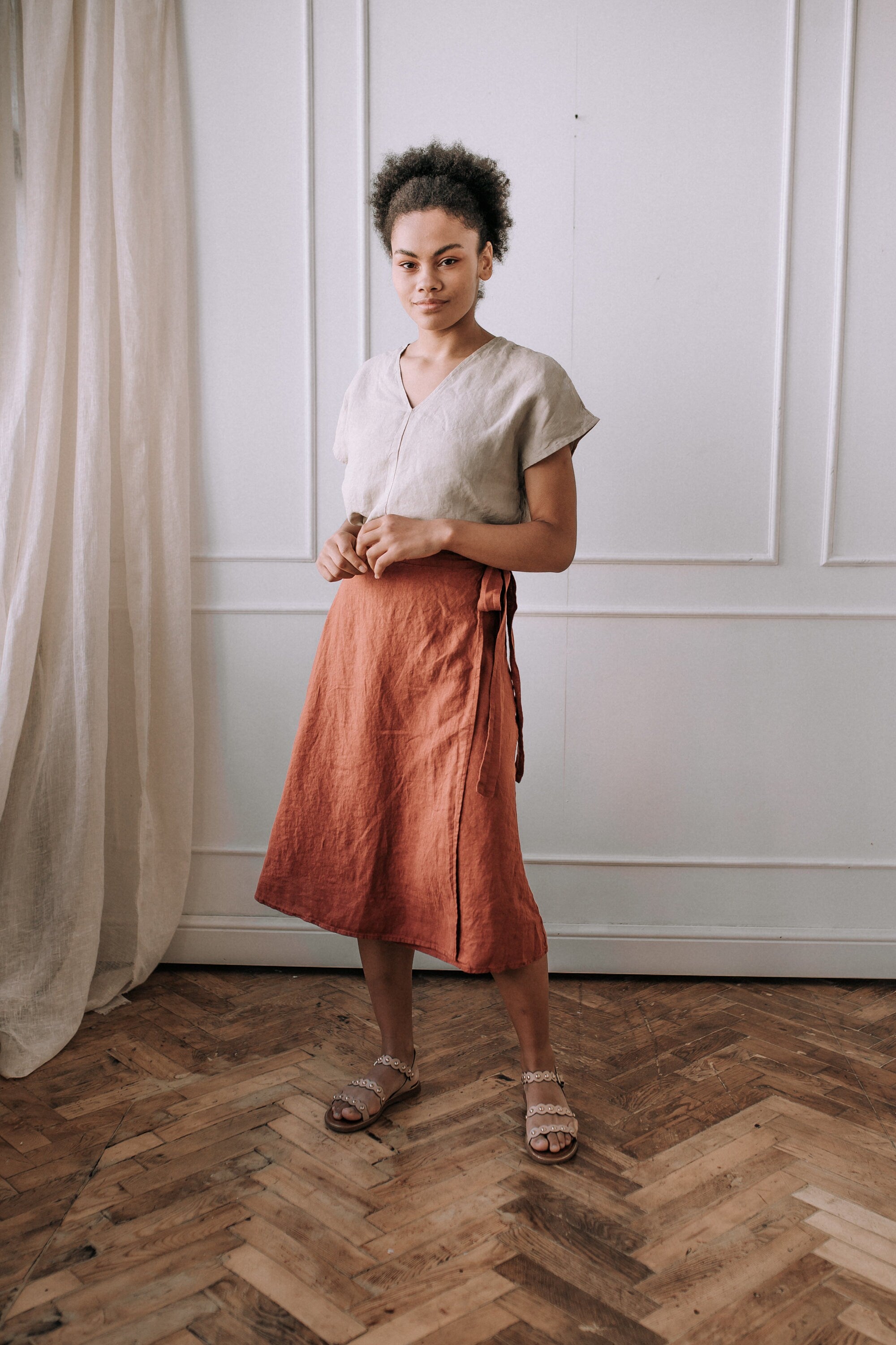 Handmade Linen A-Line Wrap Skirt with Ties - Orange Midi Skirt