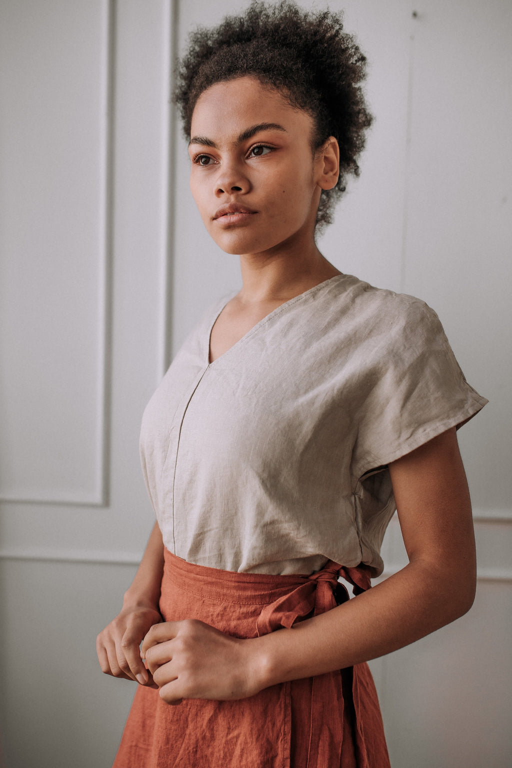 Handmade Linen A-Line Wrap Skirt with Ties - Orange Midi Skirt