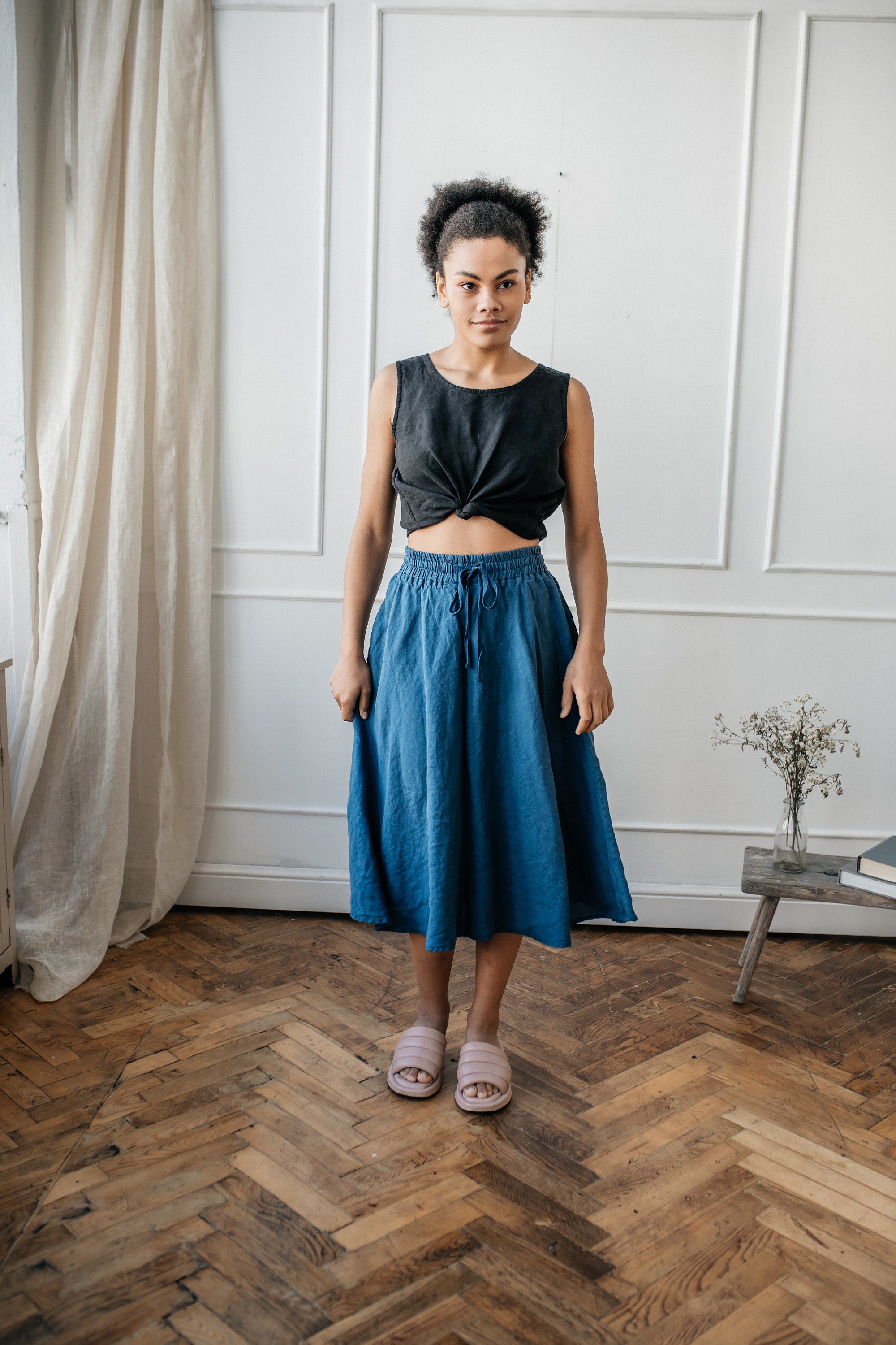 Handmade Linen A-Line Skirt: Elastic Waist Broomstick Skirt