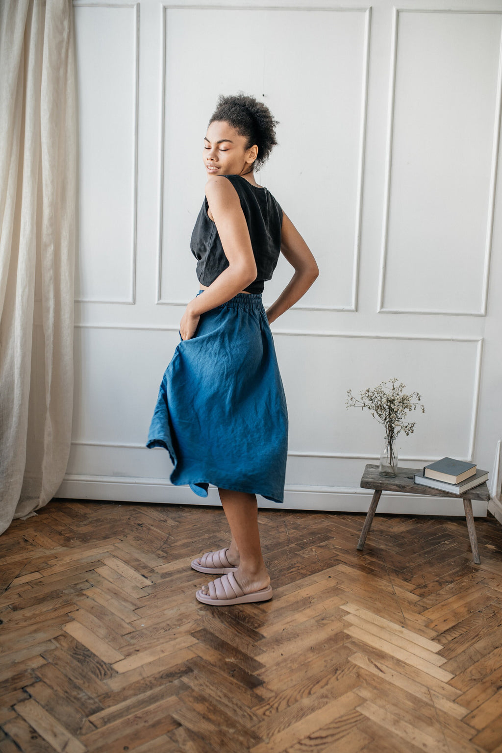 Handmade Linen A-Line Skirt: Elastic Waist Broomstick Skirt