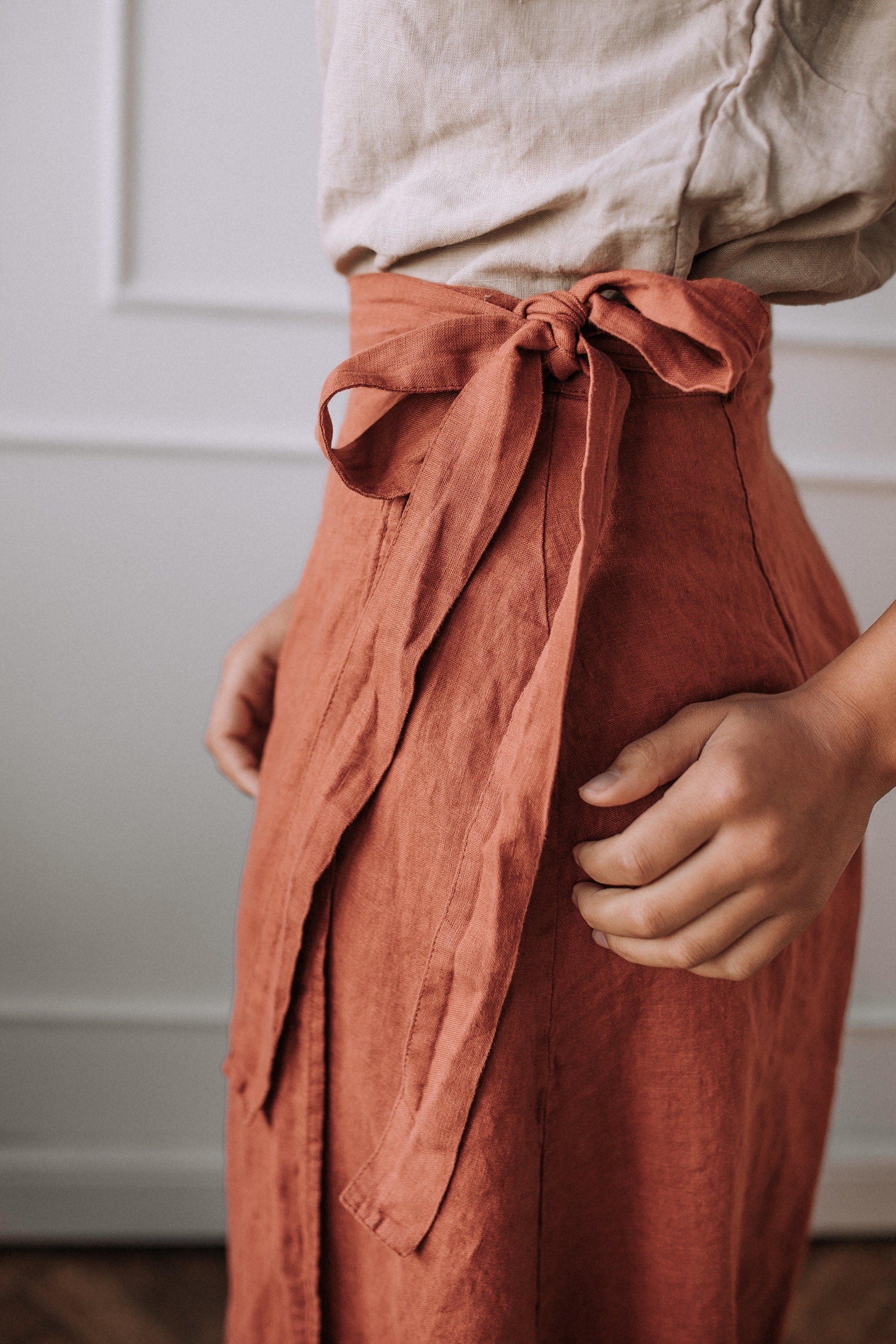 Handmade Linen A-Line Wrap Skirt with Ties - Orange Midi Skirt