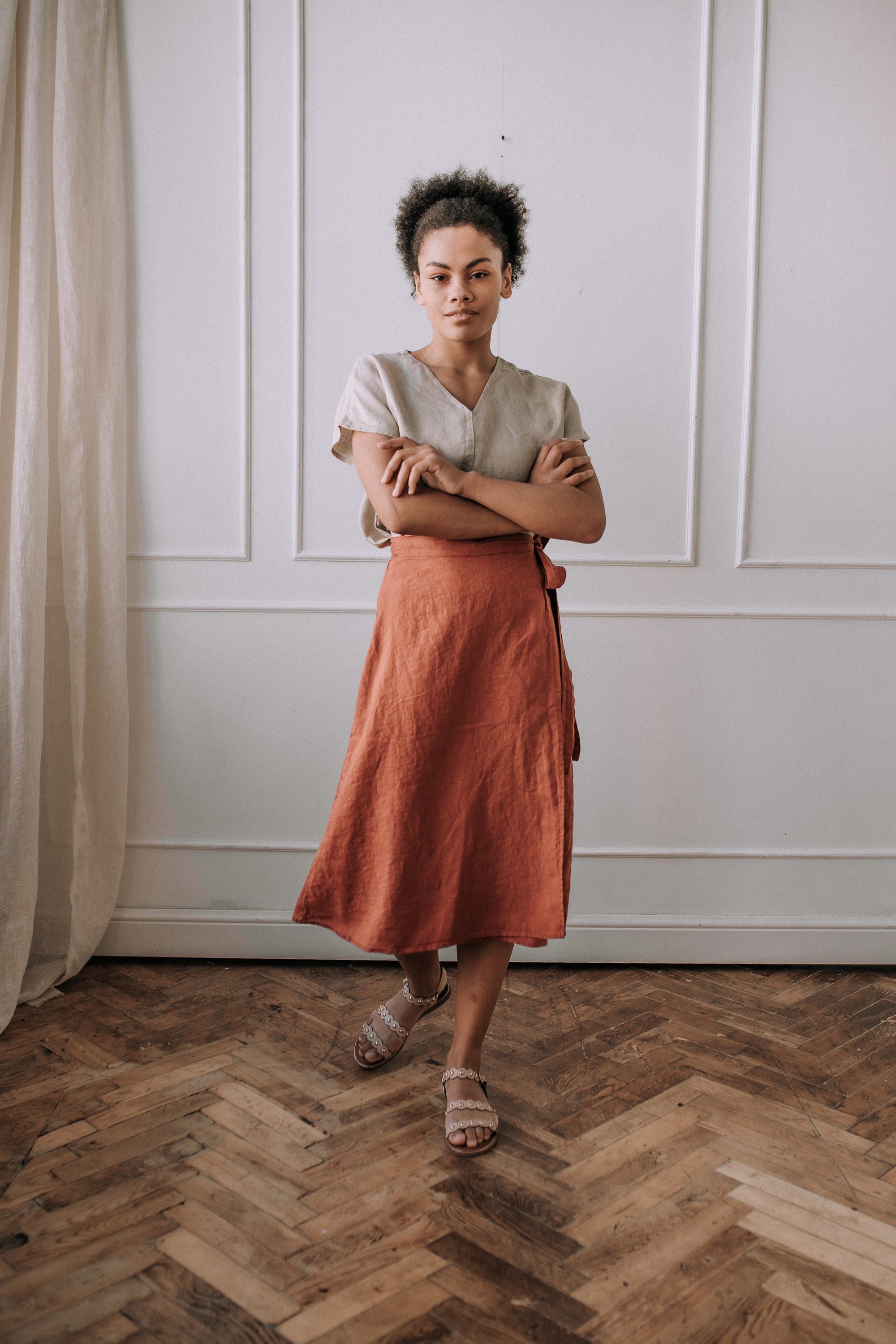 Handmade Linen A-Line Wrap Skirt with Ties - Orange Midi Skirt