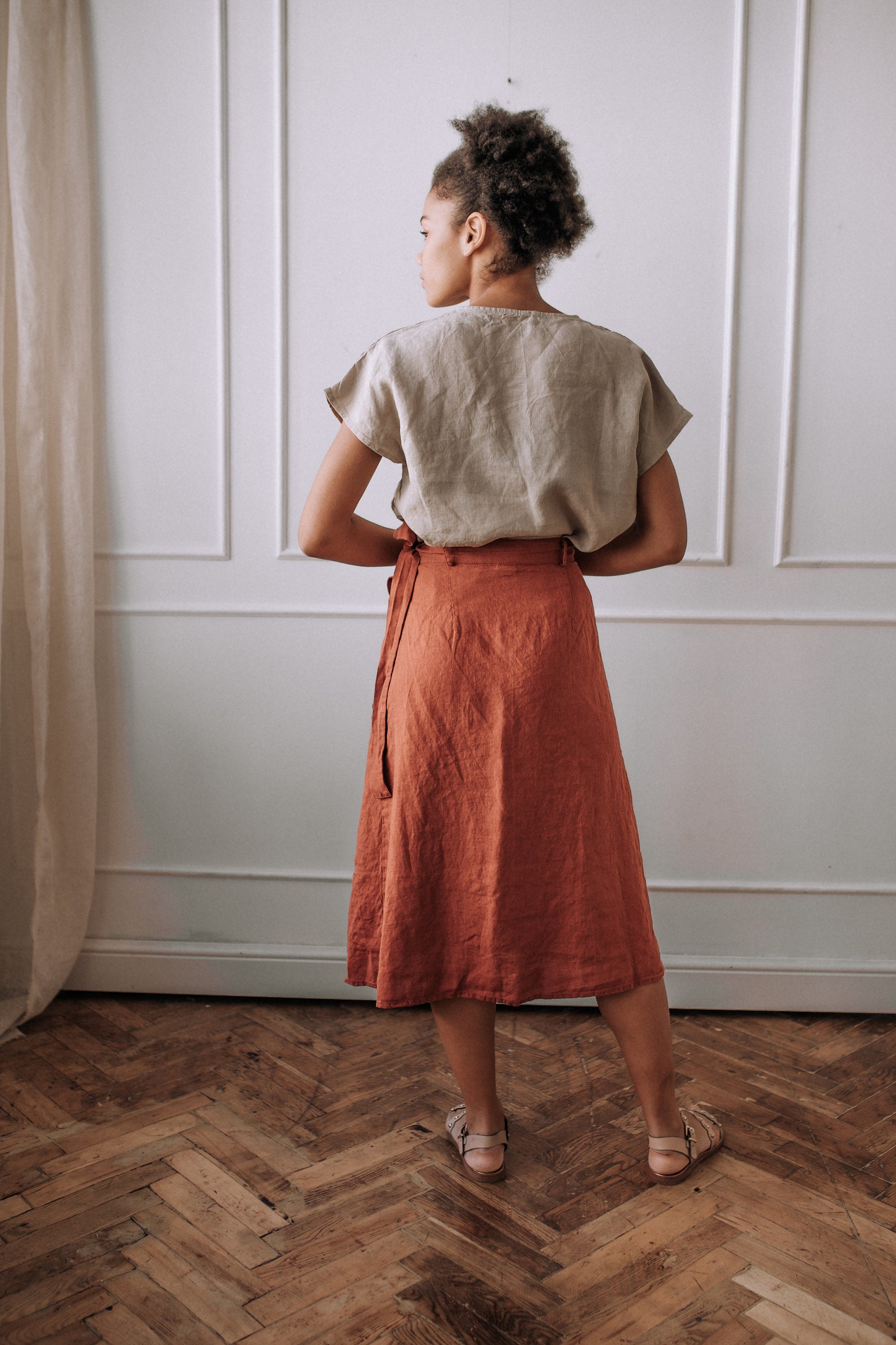 Handmade Linen A-Line Wrap Skirt with Ties - Orange Midi Skirt